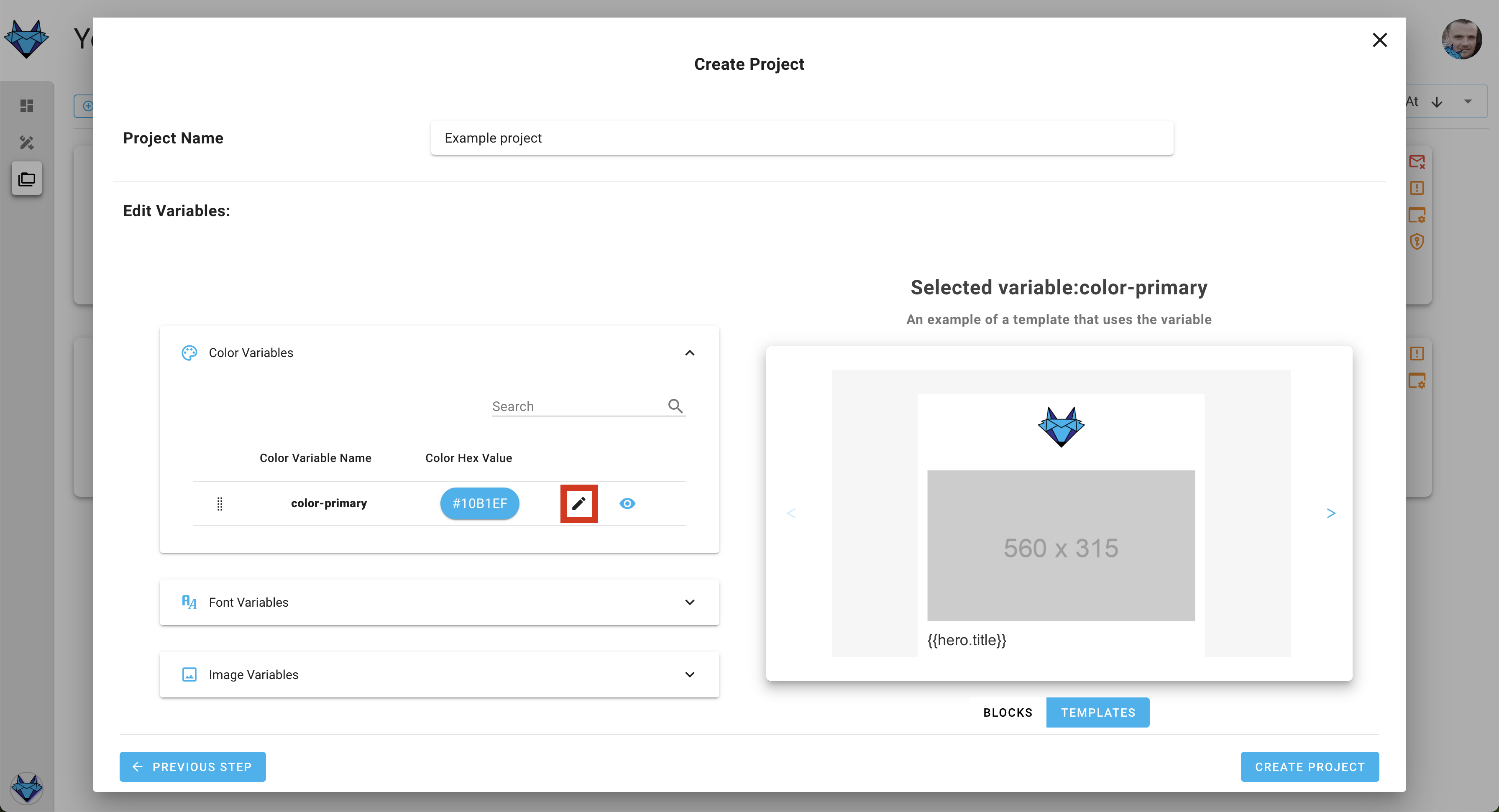 A screenshot of the project creation wizard's design system variables settings step.