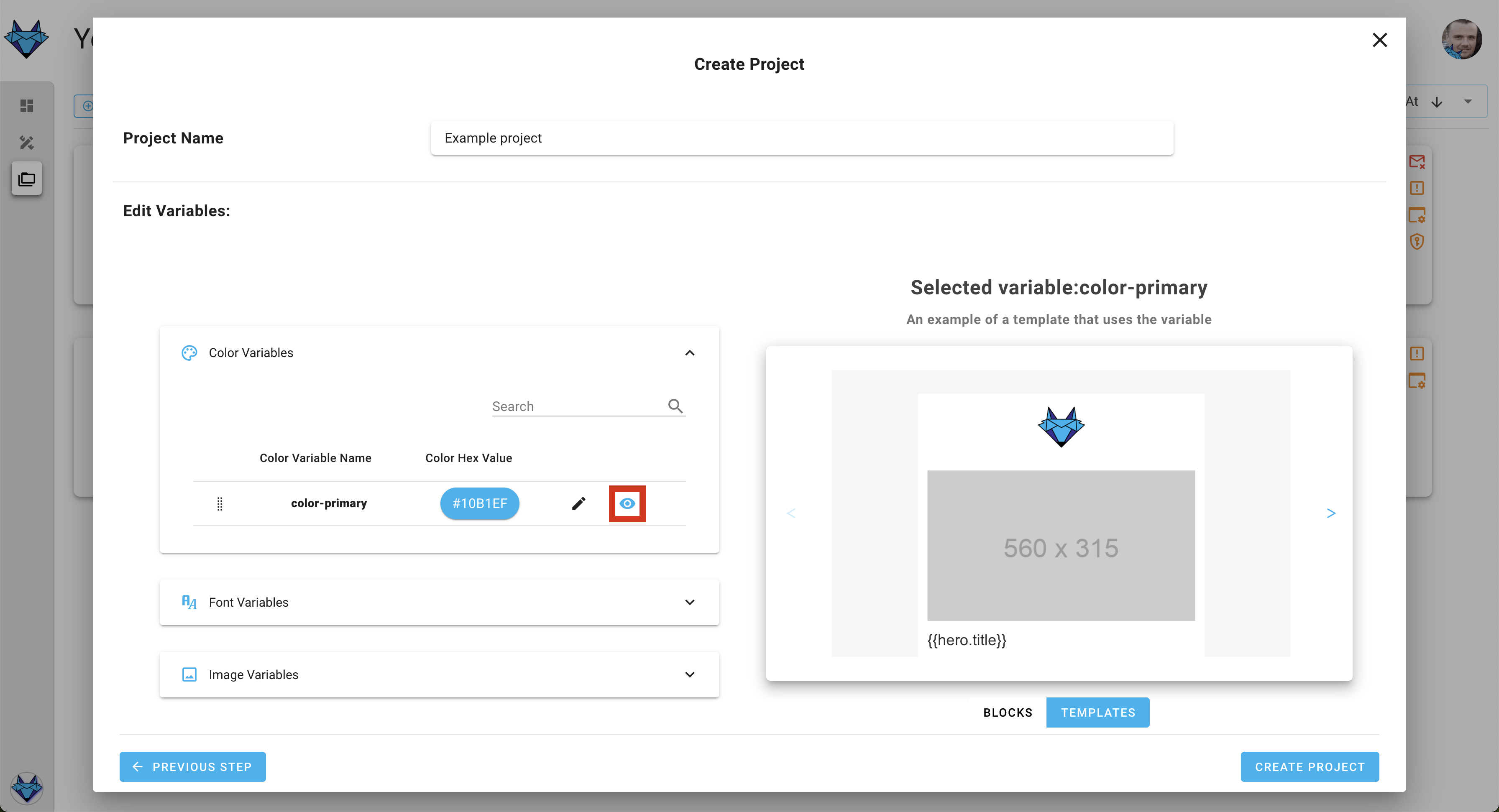 A screenshot of the project creation wizard's design system variables settings step - preview variable icon.