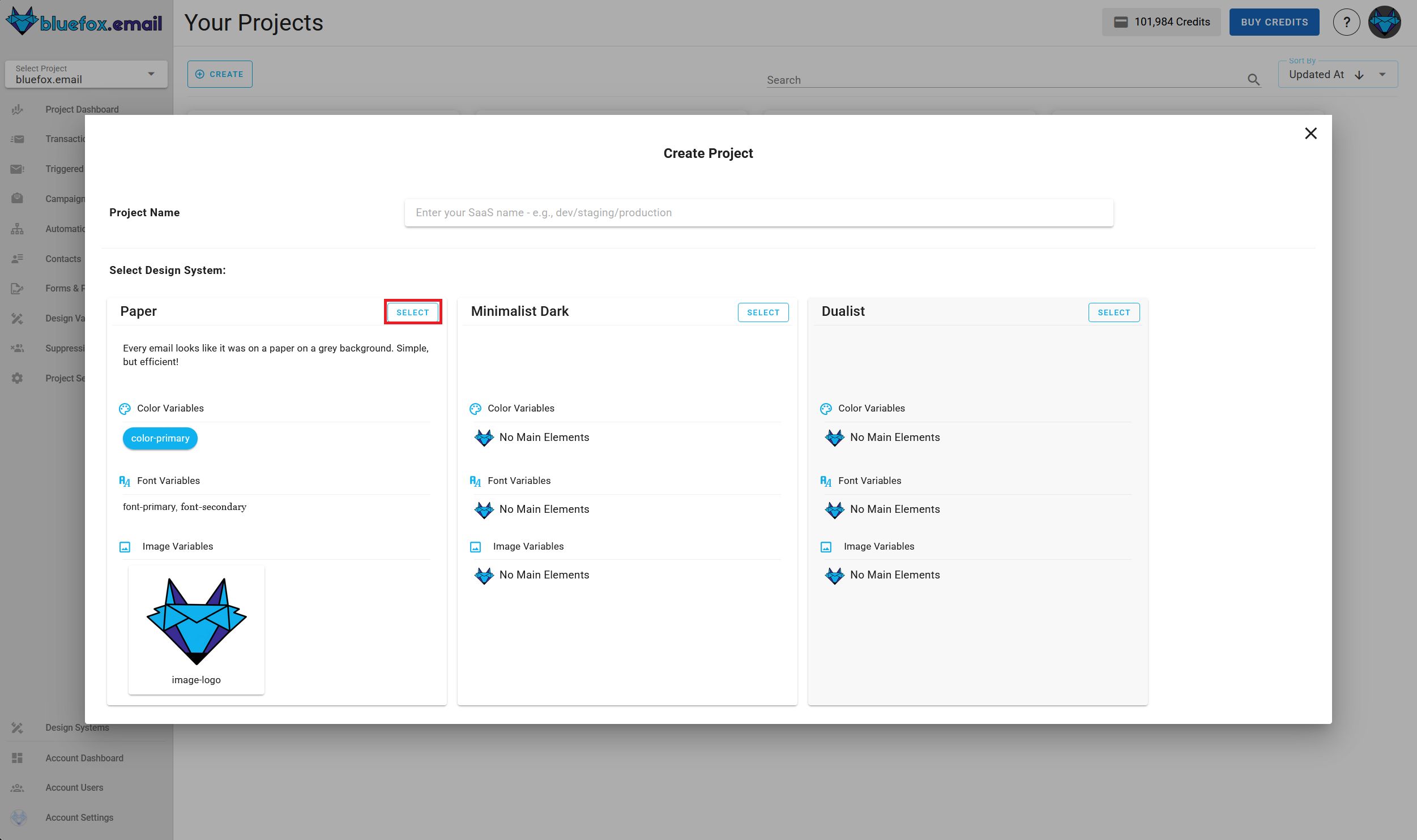 A screenshot of the project creation wizard's design system selection step.