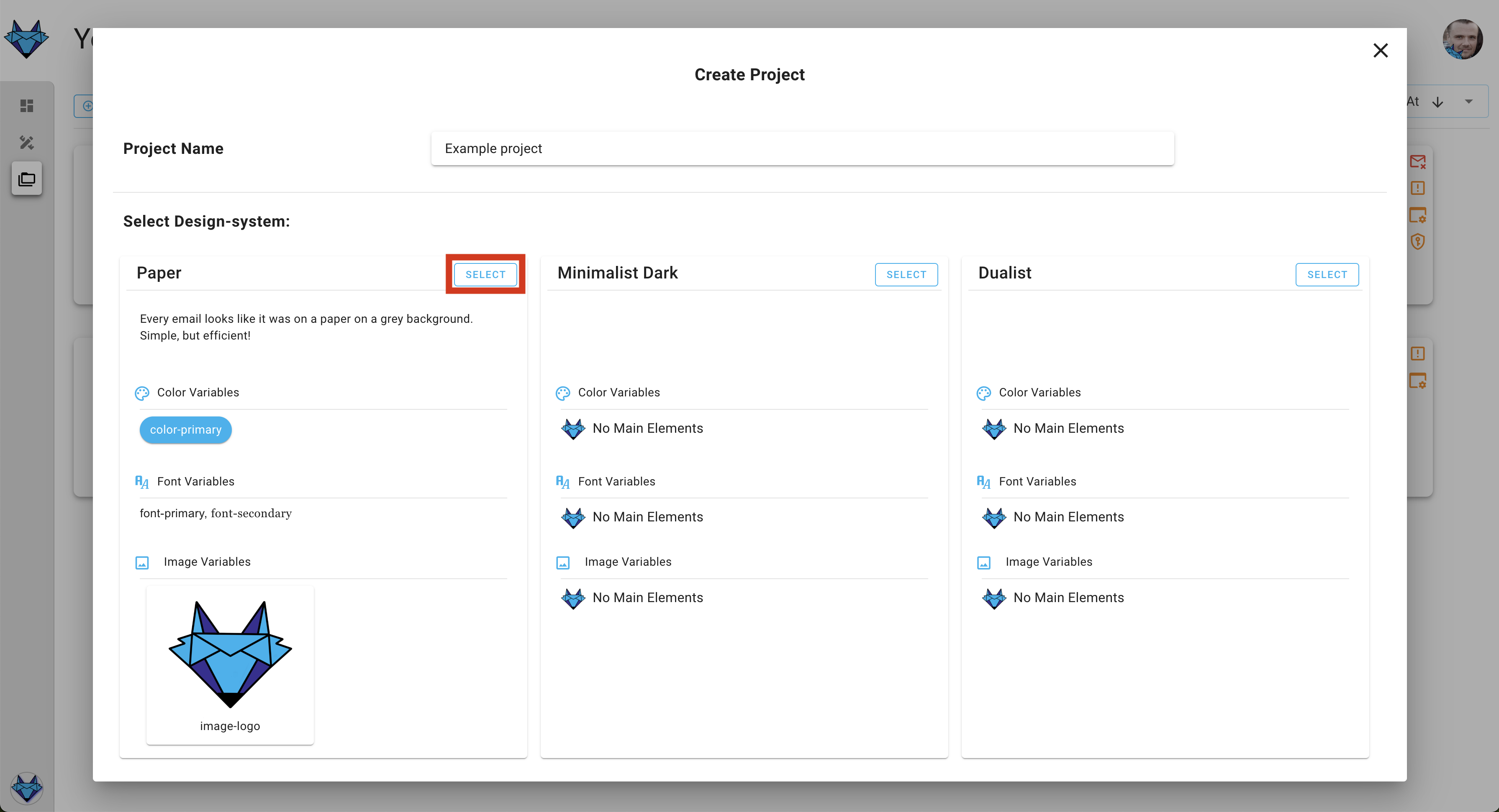 A screenshot of the project creation wizard's design system selection step.