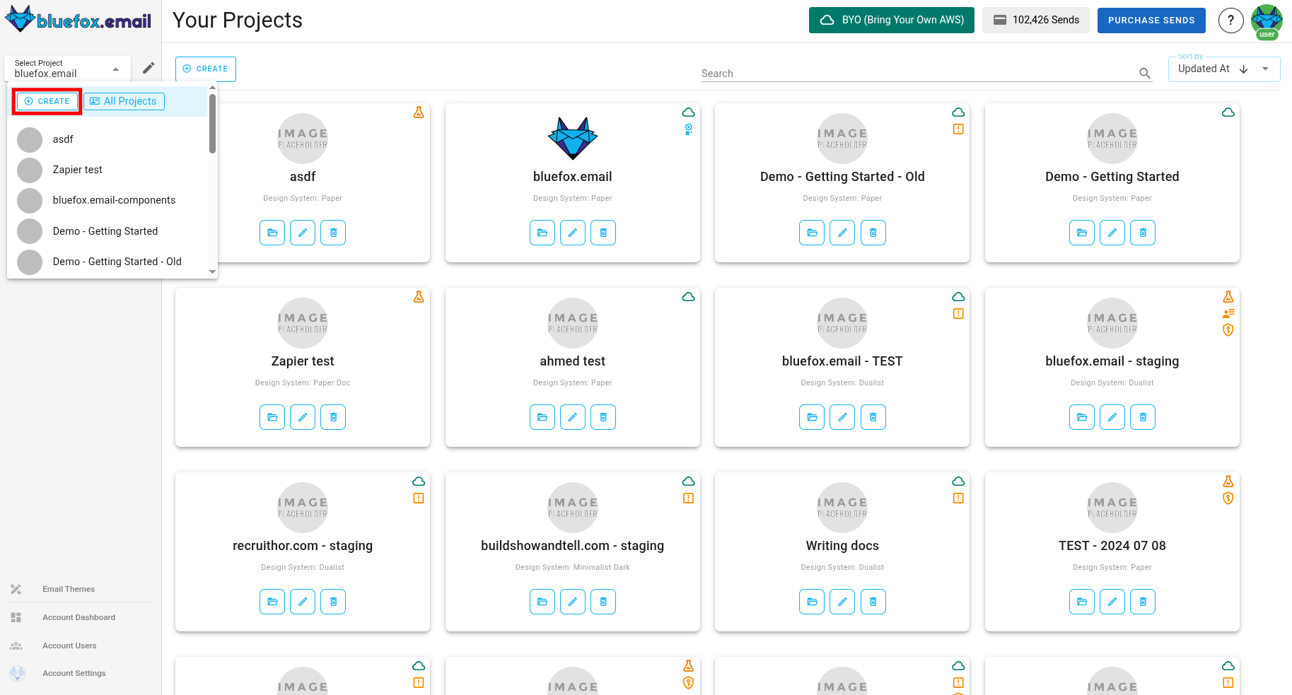 A screenshot of the projects view.