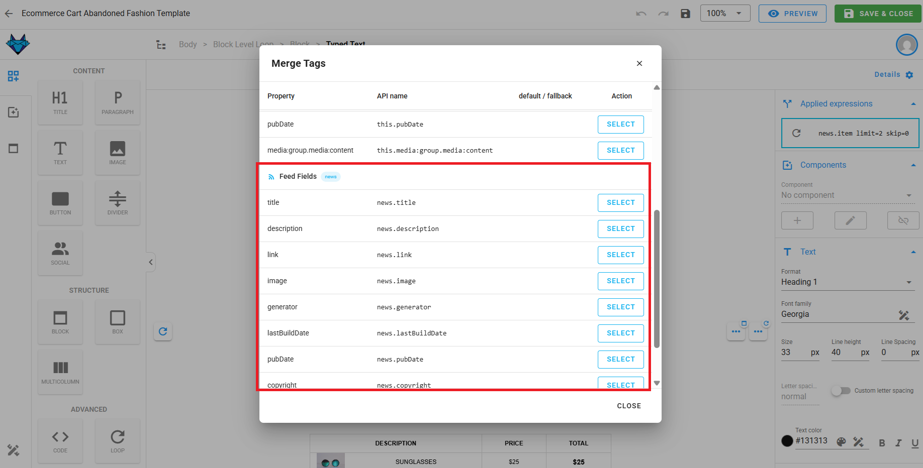 A screenshot of the merge tag picker inside a loop, showing per-item fields like title, link, description, enclosure.