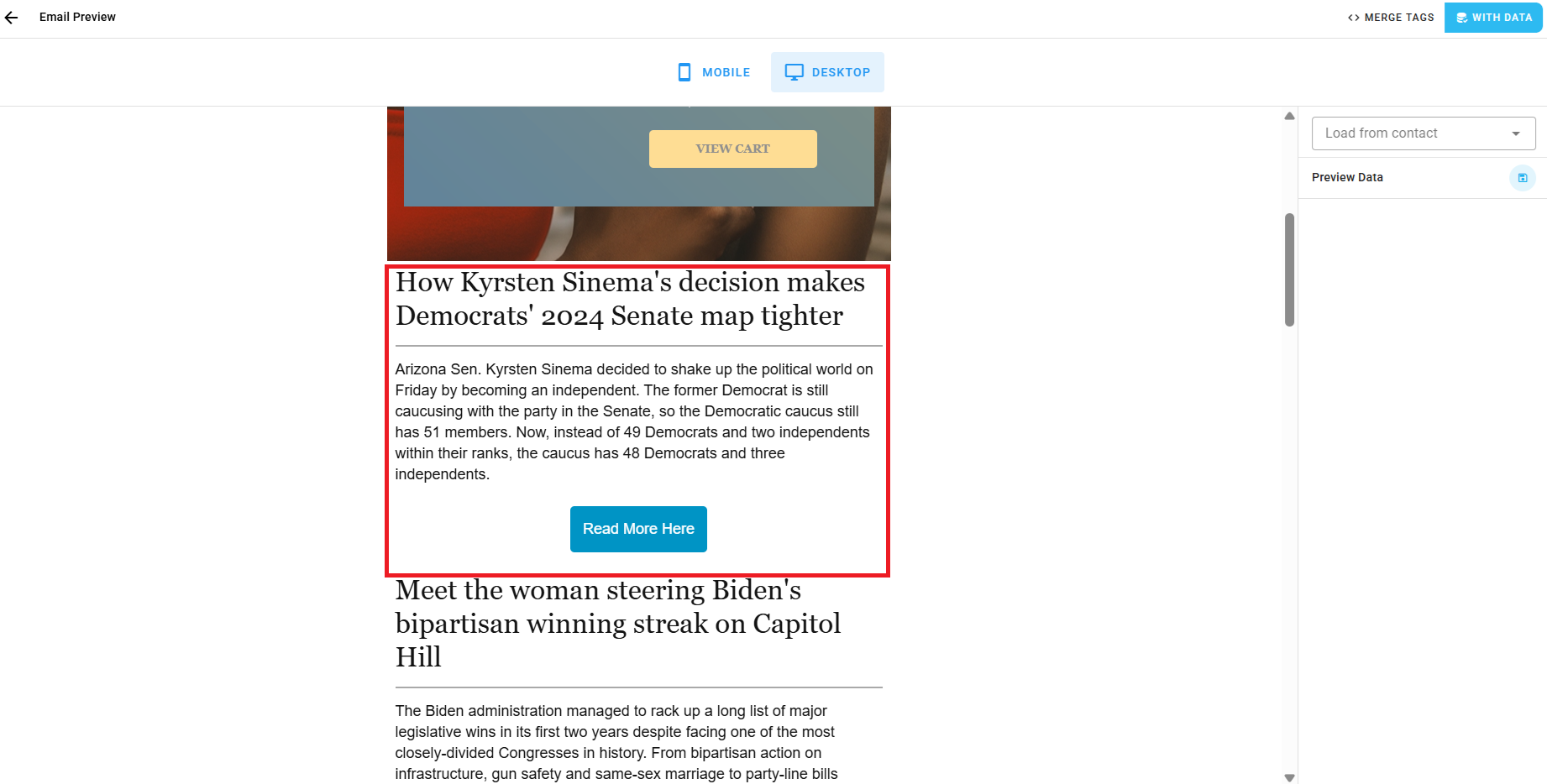 A screenshot of the editor's Preview with data view showing an error message about a feed failing to load.