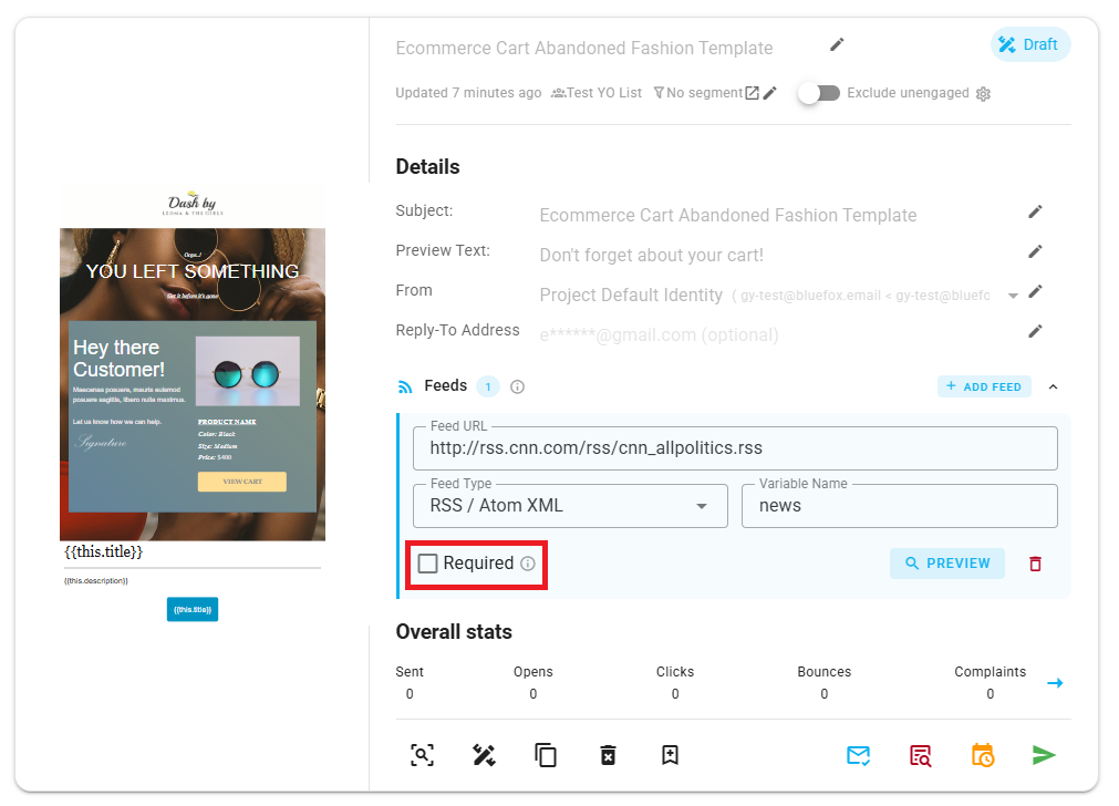 A screenshot of the feed form with the Required checkbox highlighted.