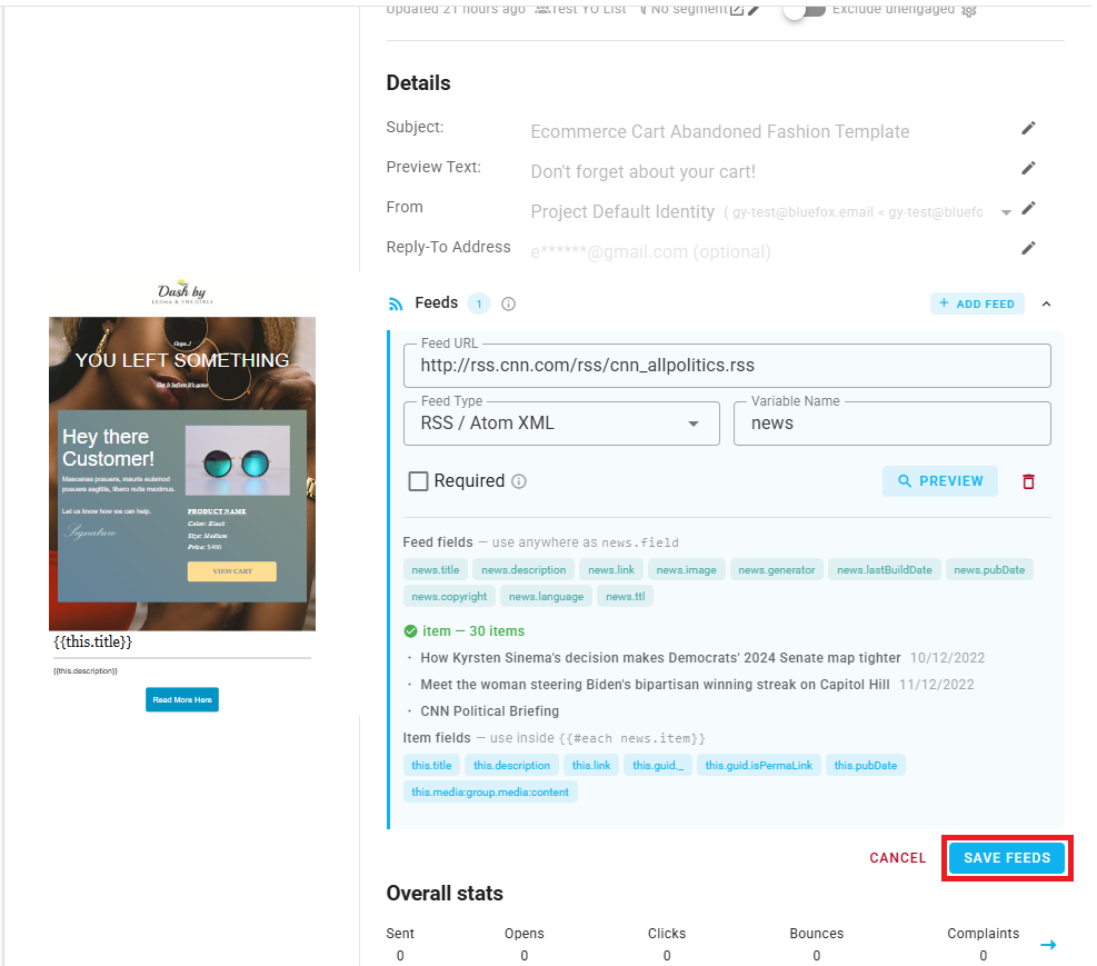 A screenshot of the feed form with the Save button highlighted.