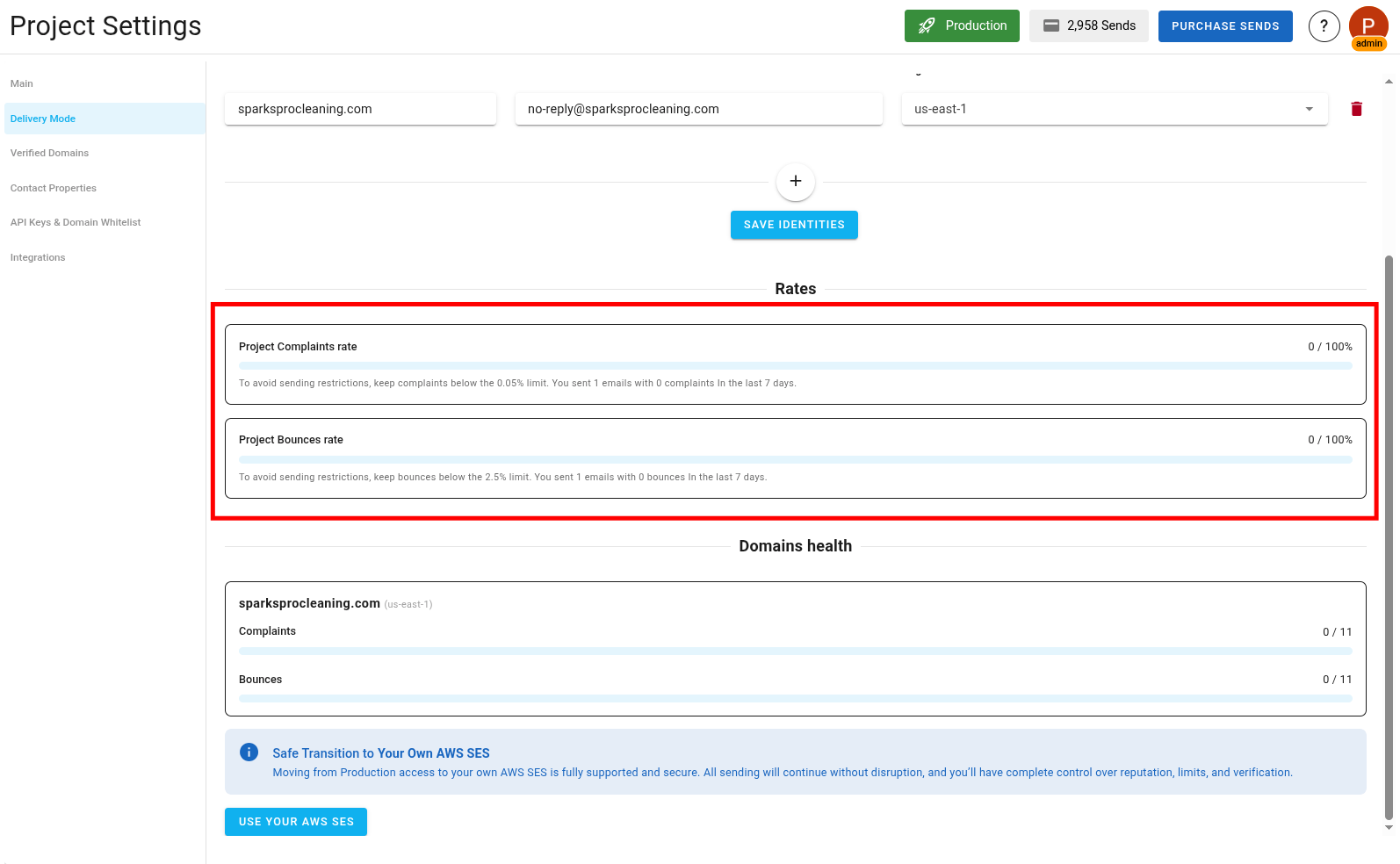 A screenshot of the project dashboard showing bounce and complaint rates.