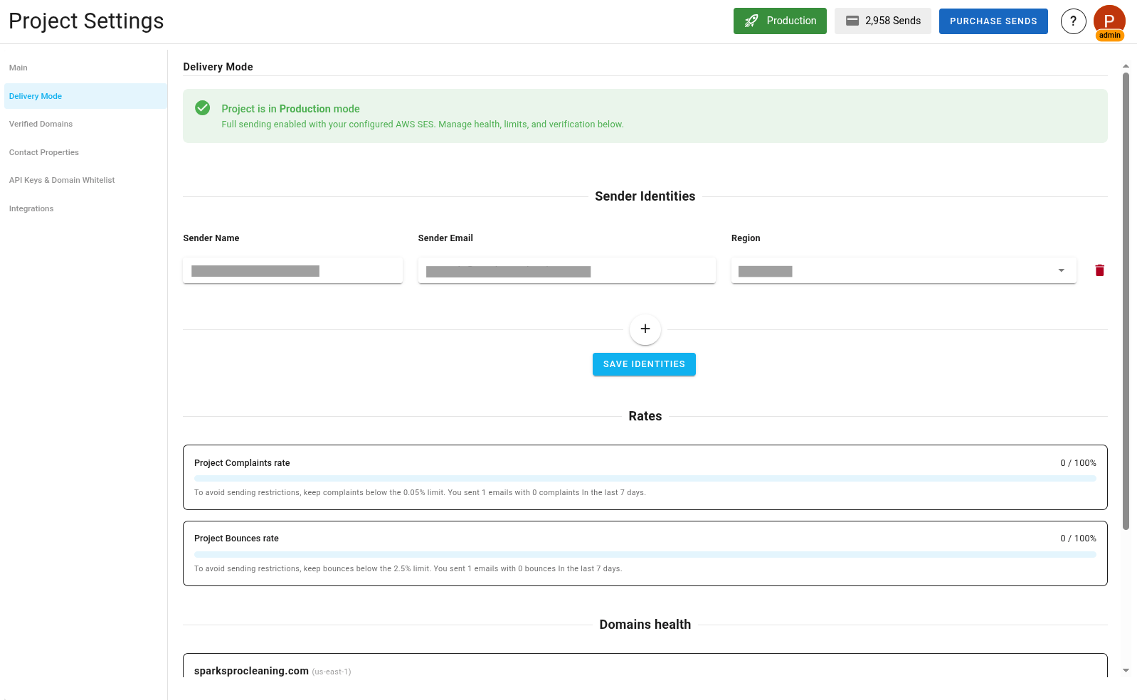 A screenshot of the project delivery mode settings with identities section.
