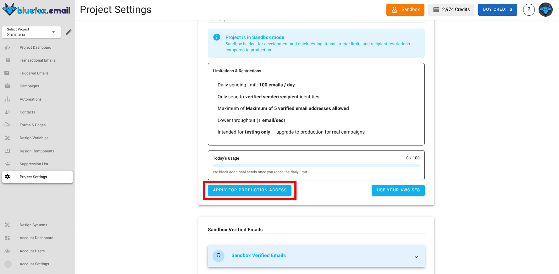 A screenshot of the project delivery mode settings with the request production access button highlighted.