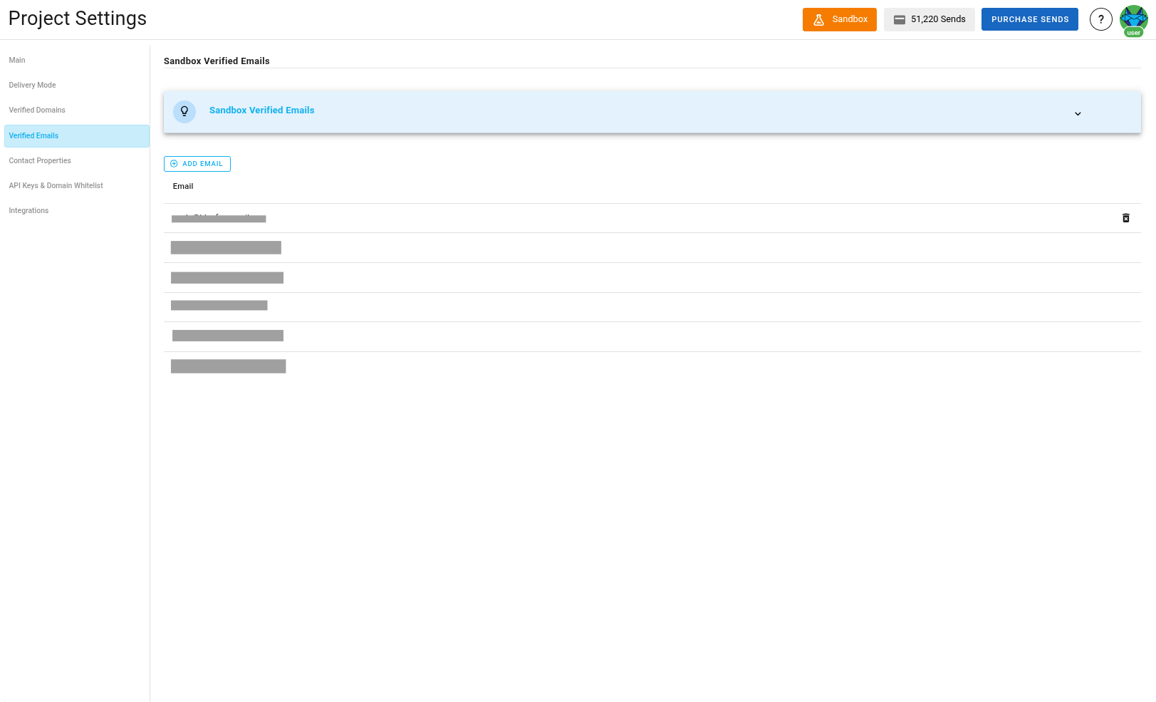 A screenshot of the project delivery mode settings with the verify email button highlighted.