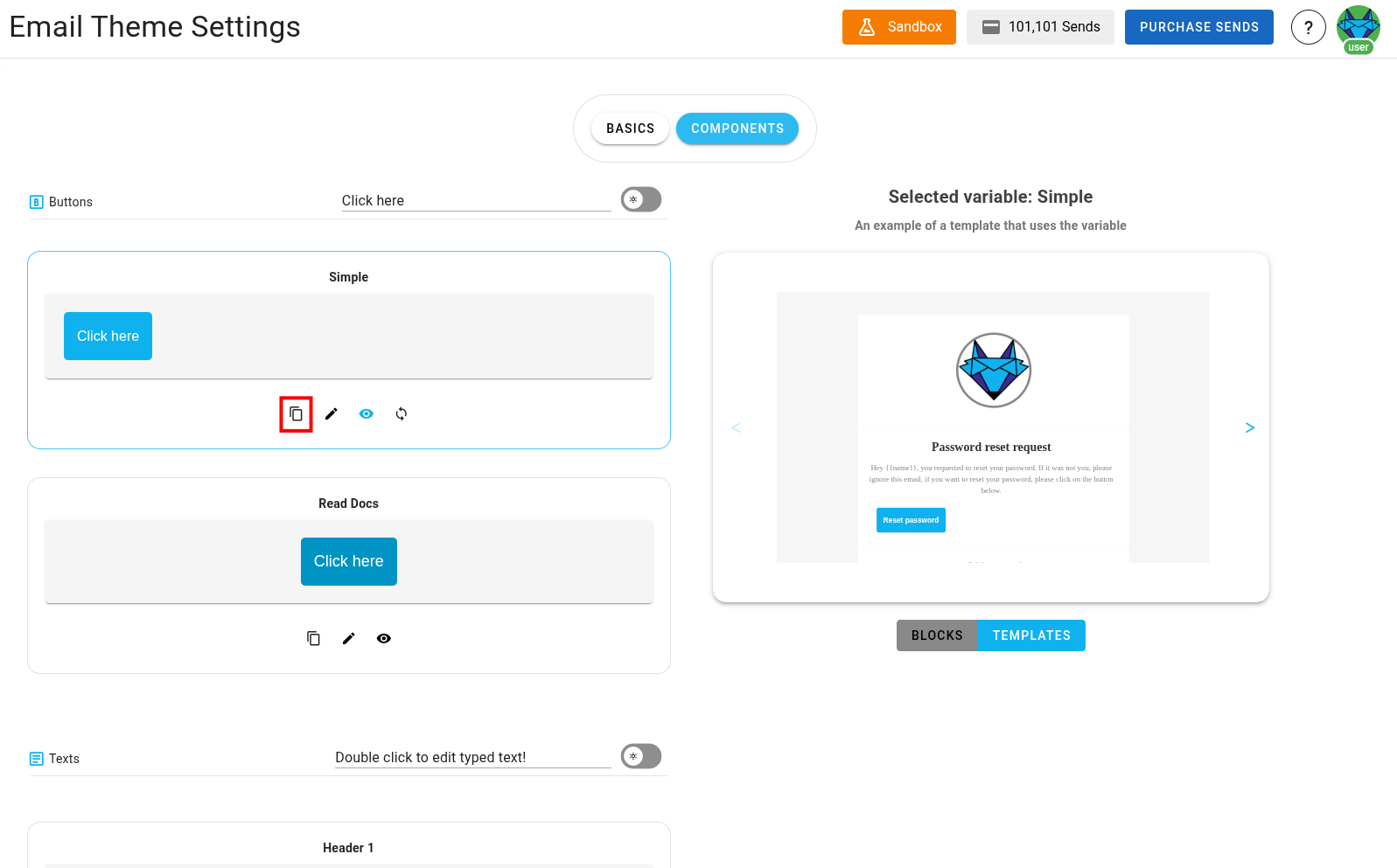 A screenshot of a project's design system components section - copy icon highlighted.