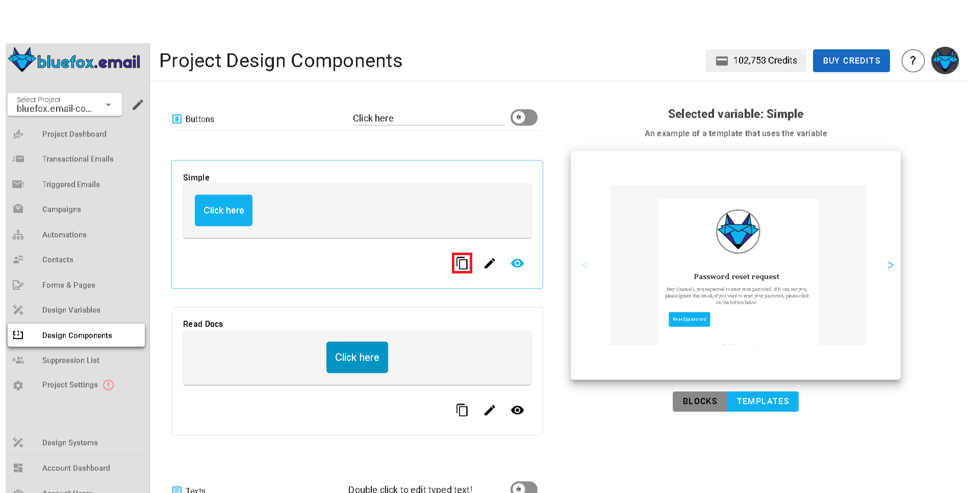 A screenshot of a project's design system components section - copy icon highlighted.