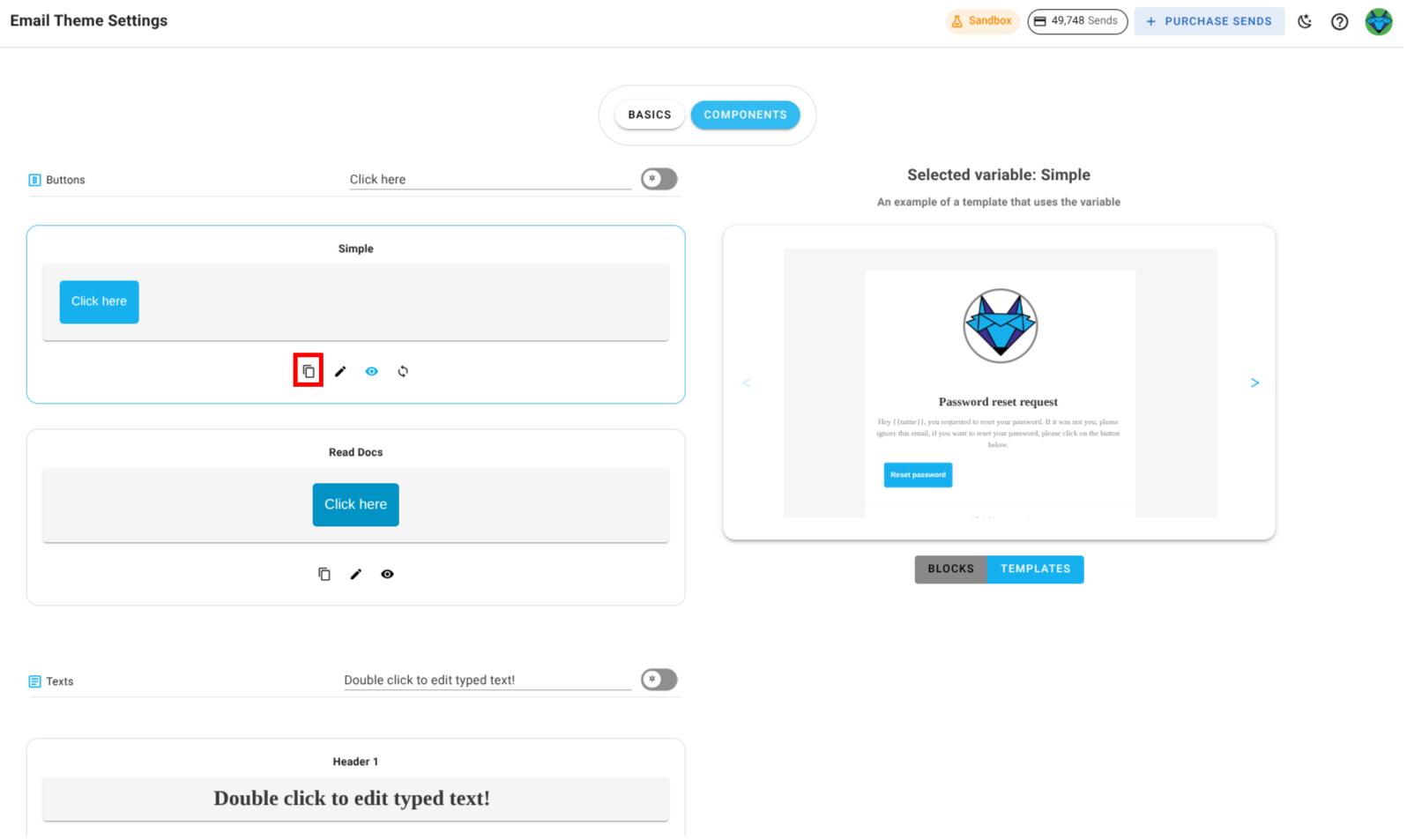 A screenshot of a project's design system components section - copy icon highlighted.