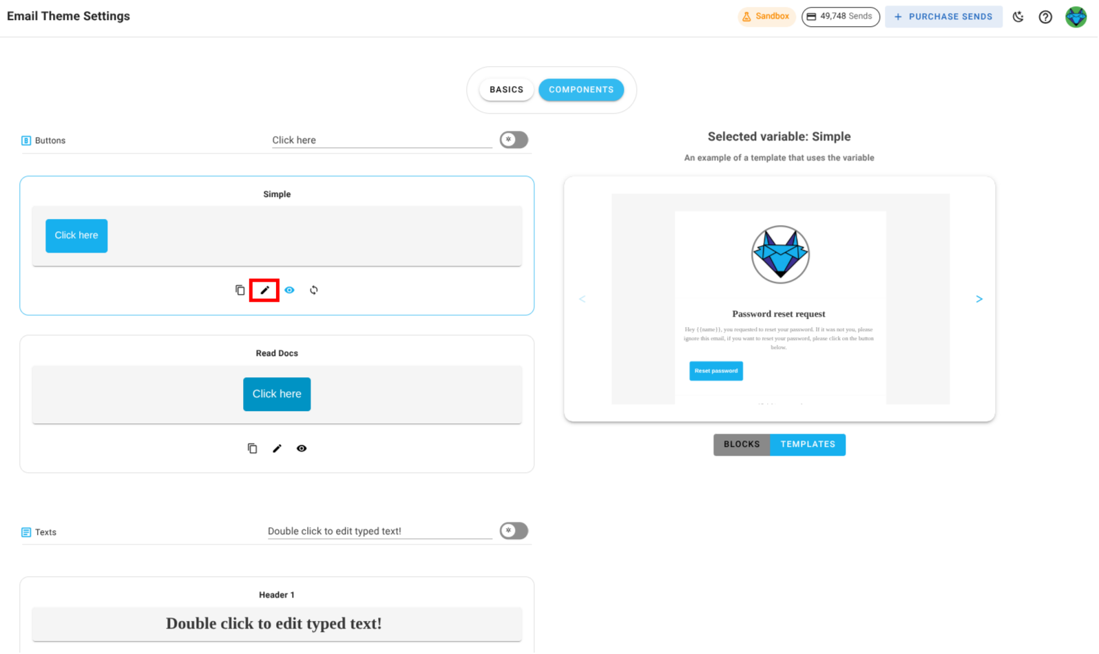 A screenshot of a project's design system components section - edit icon highlighted.
