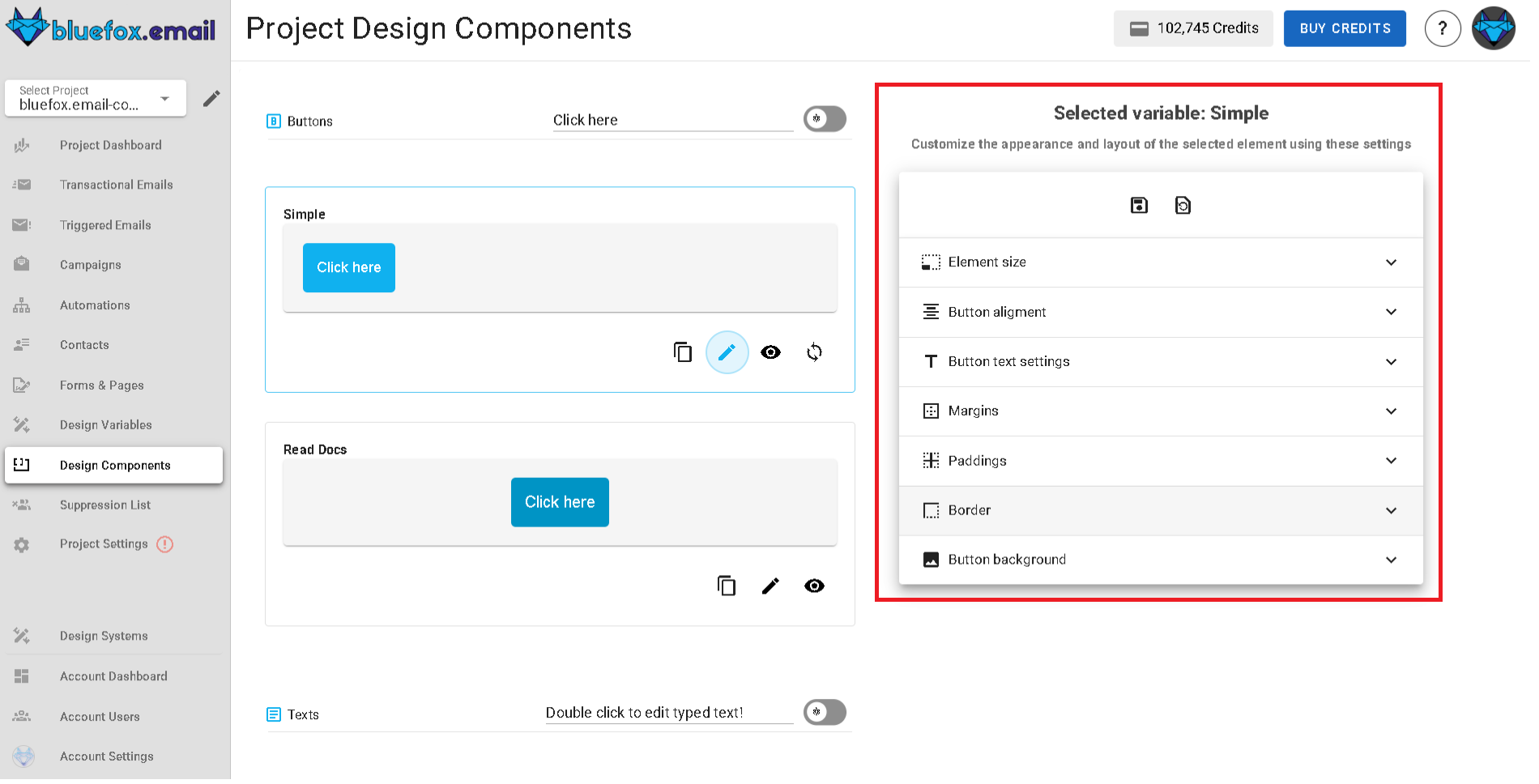 A screenshot of a project's design system components section - edit mode highlighted.