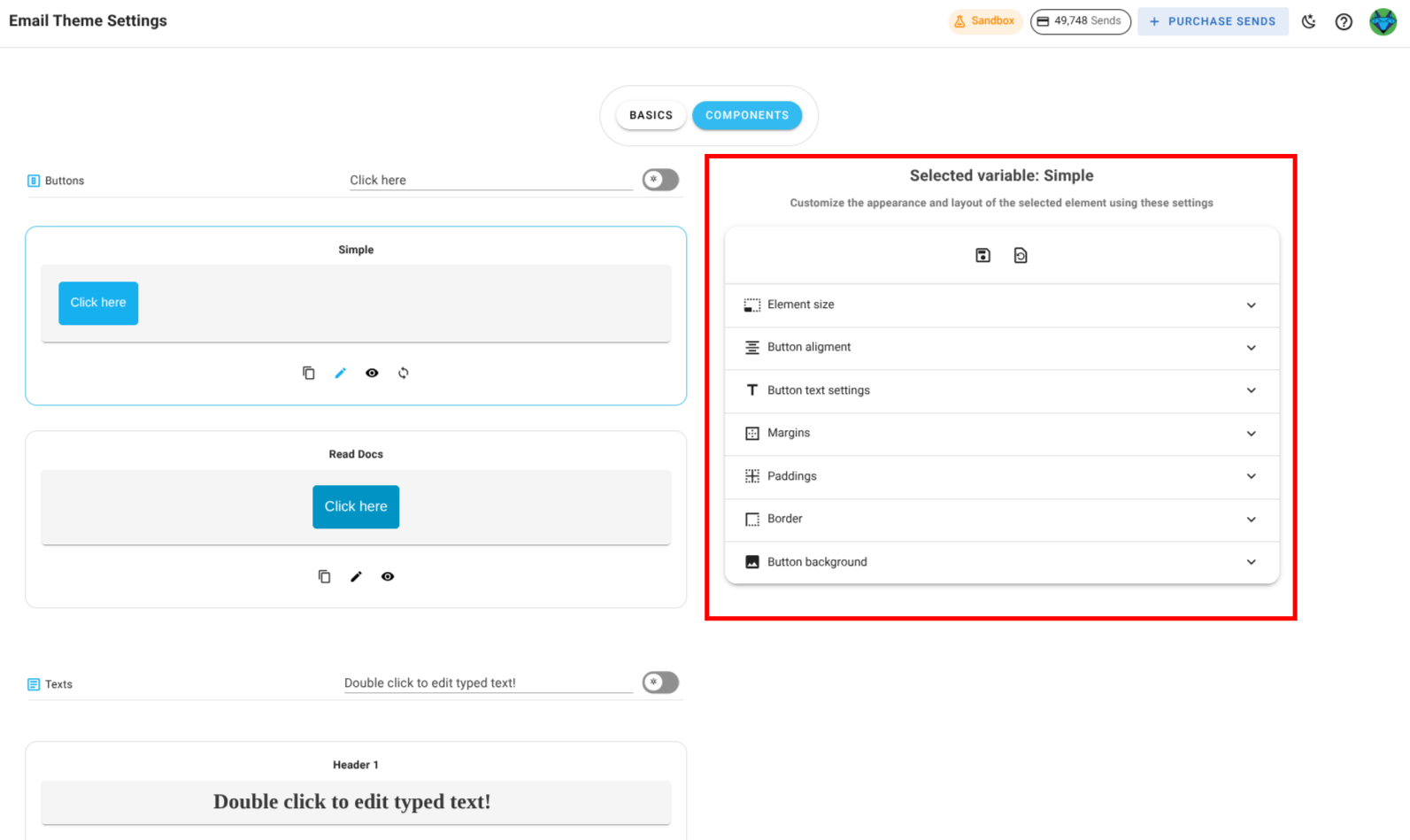 A screenshot of a project's design system components section - edit mode highlighted.