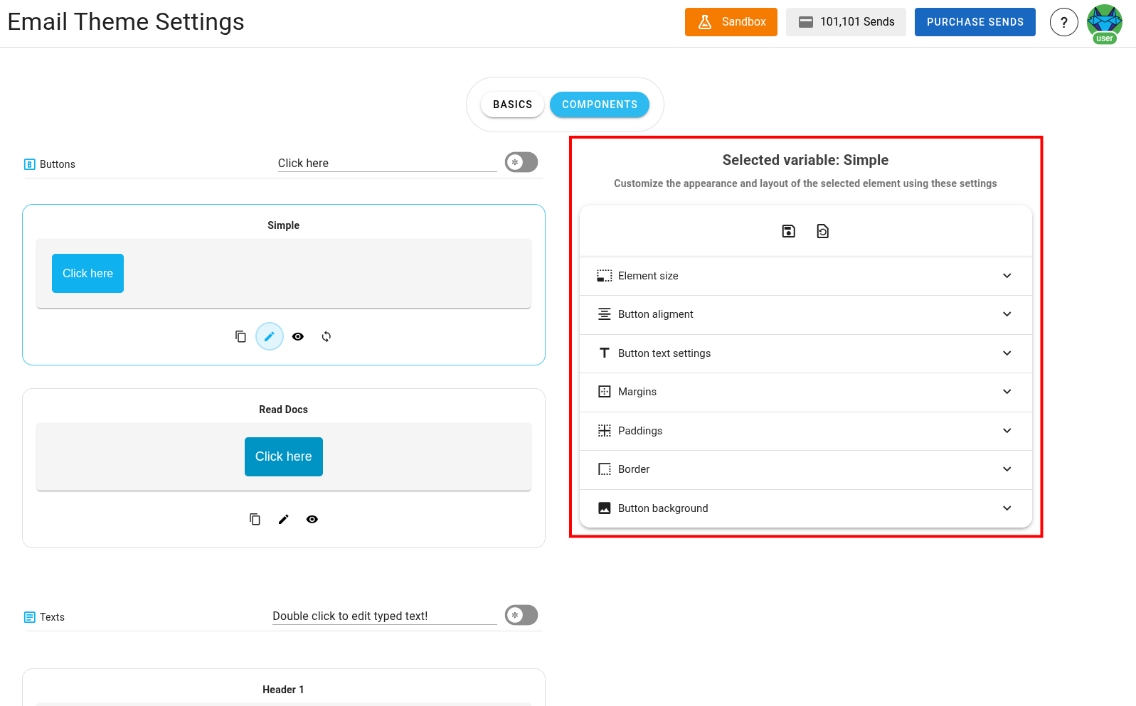 A screenshot of a project's design system components section - edit mode highlighted.