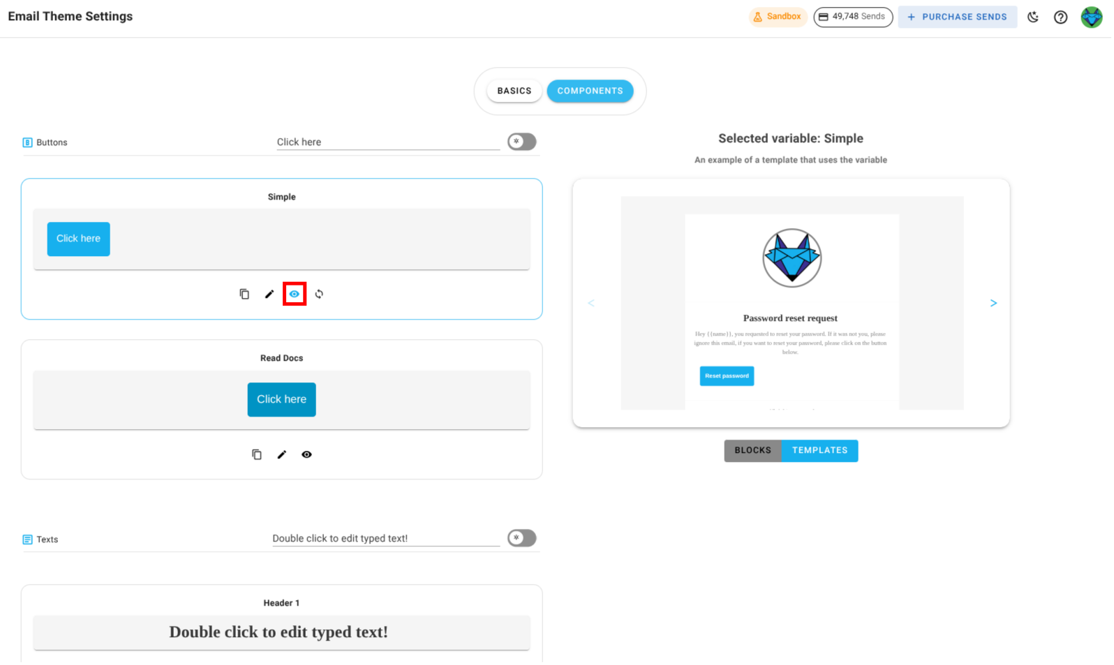 A screenshot of a project's design system components section - preview icon highlighted.