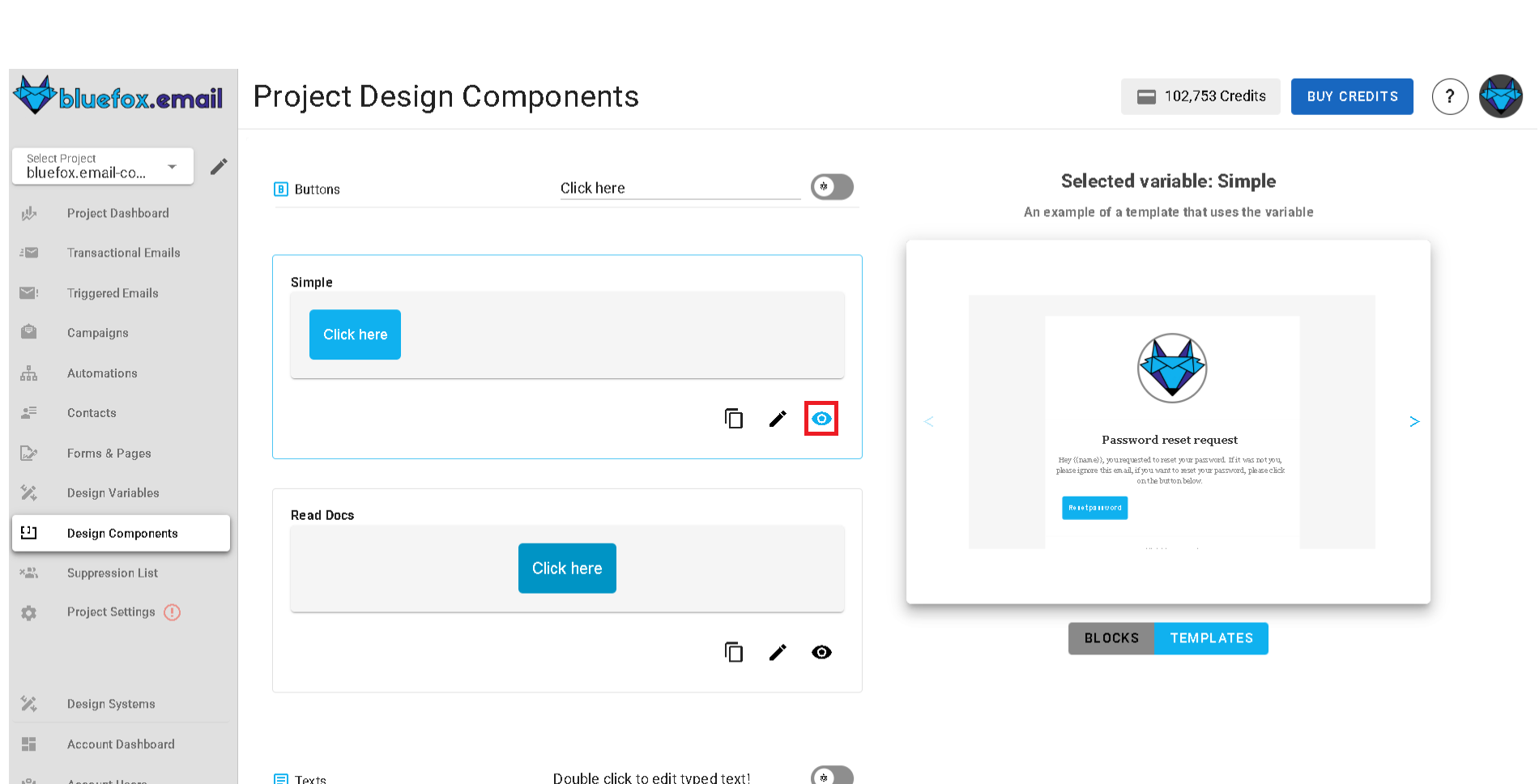 A screenshot of a project's design system components section - preview icon highlighted.
