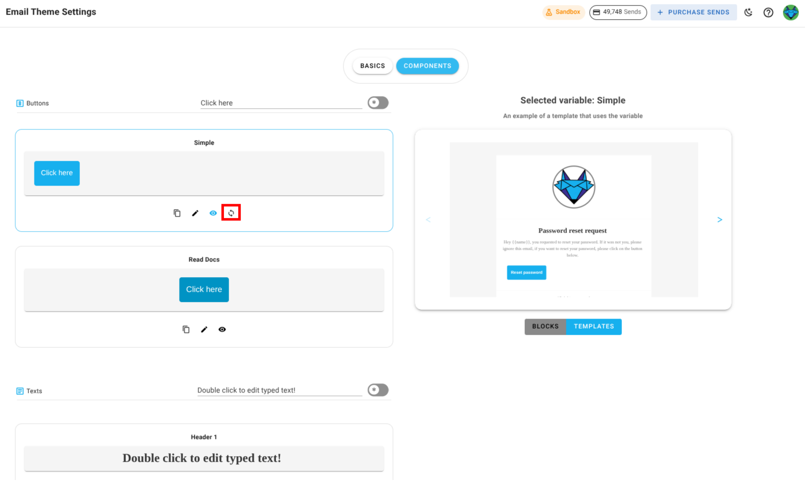 A screenshot of a project's design system components section - reset icon highlighted.