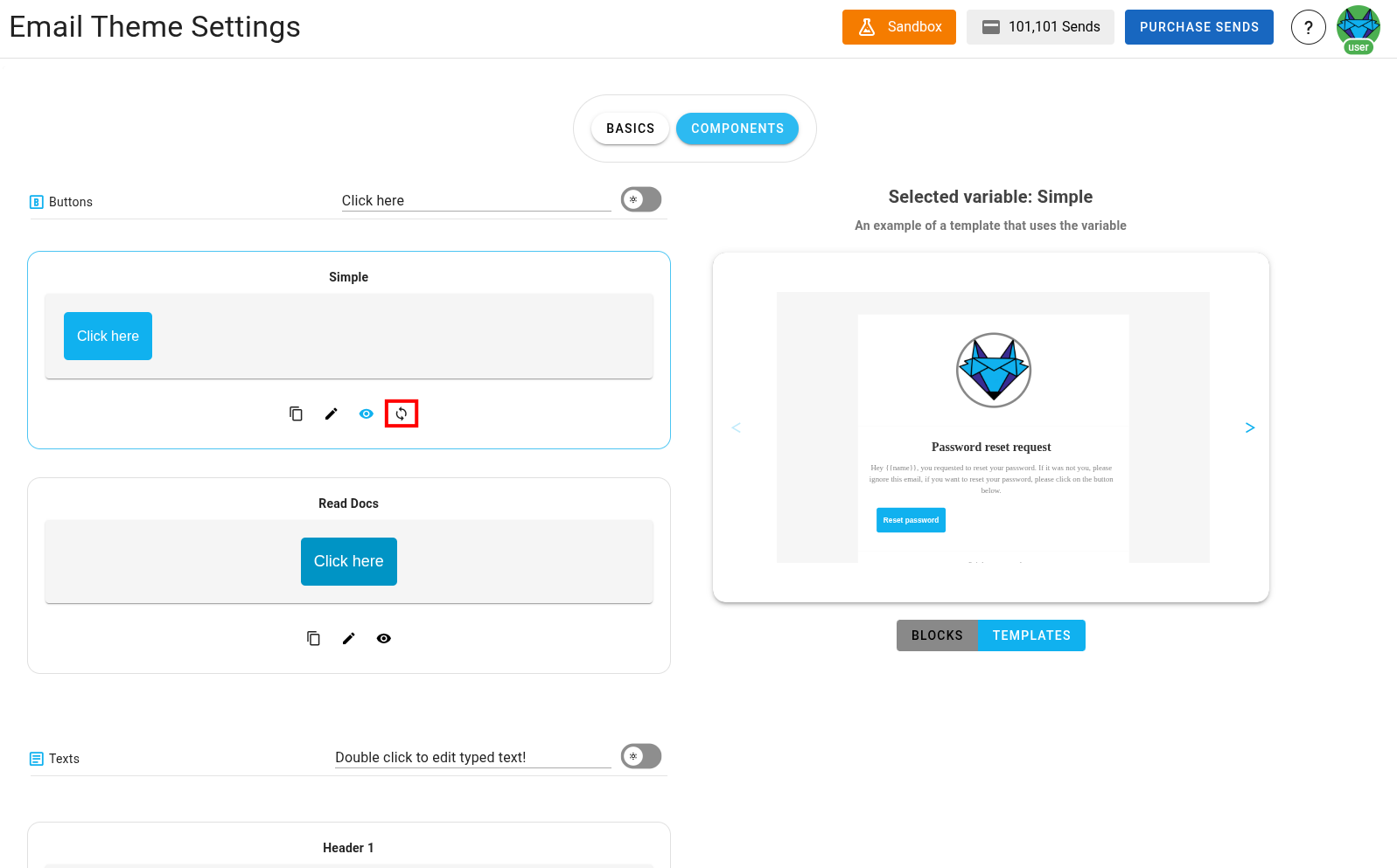 A screenshot of a project's design system components section - reset icon highlighted.
