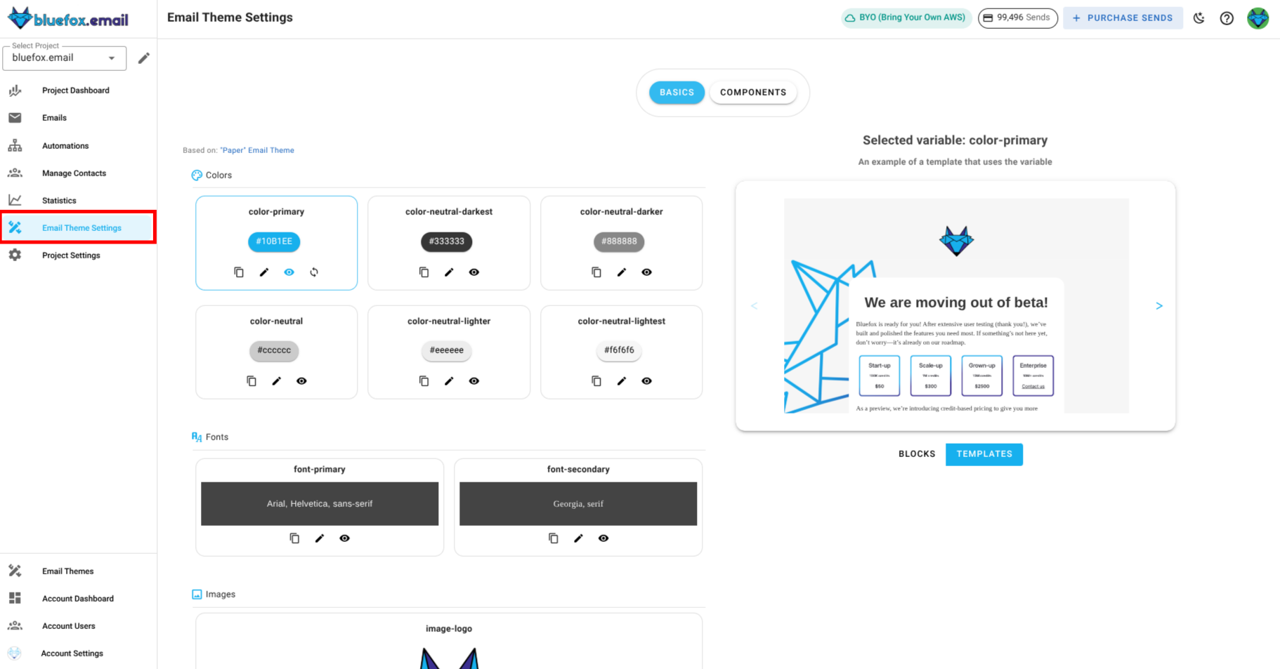A screenshot of a project's email theme settings section.