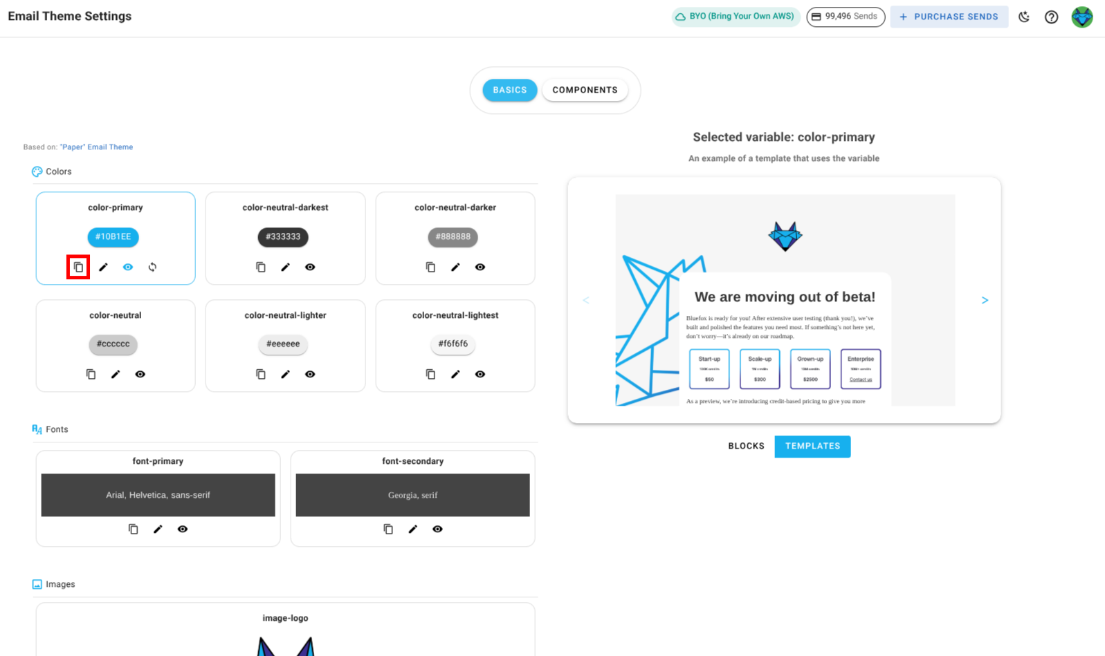 A screenshot of a project's email theme settings section - copy icon highlighted.