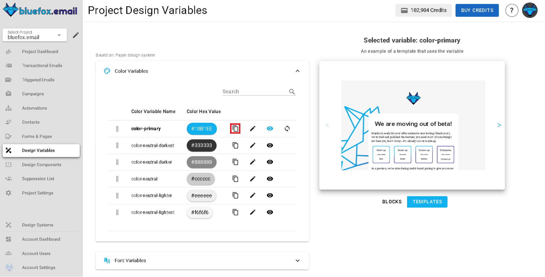 A screenshot of a project's design system settings section - copy icon highlighted.