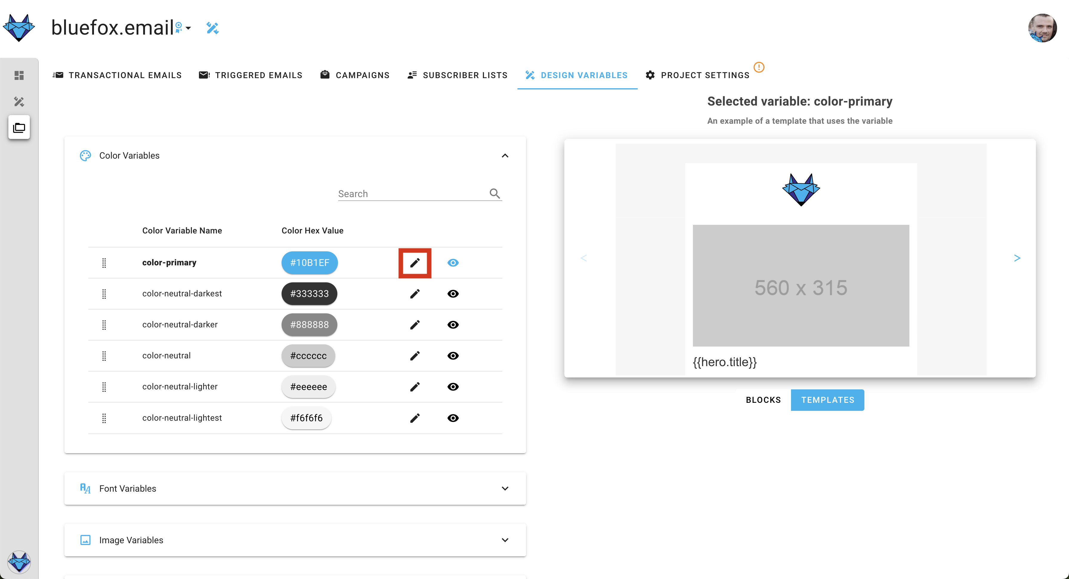 A screenshot of a project's design system settings section - edit icon highlighted.