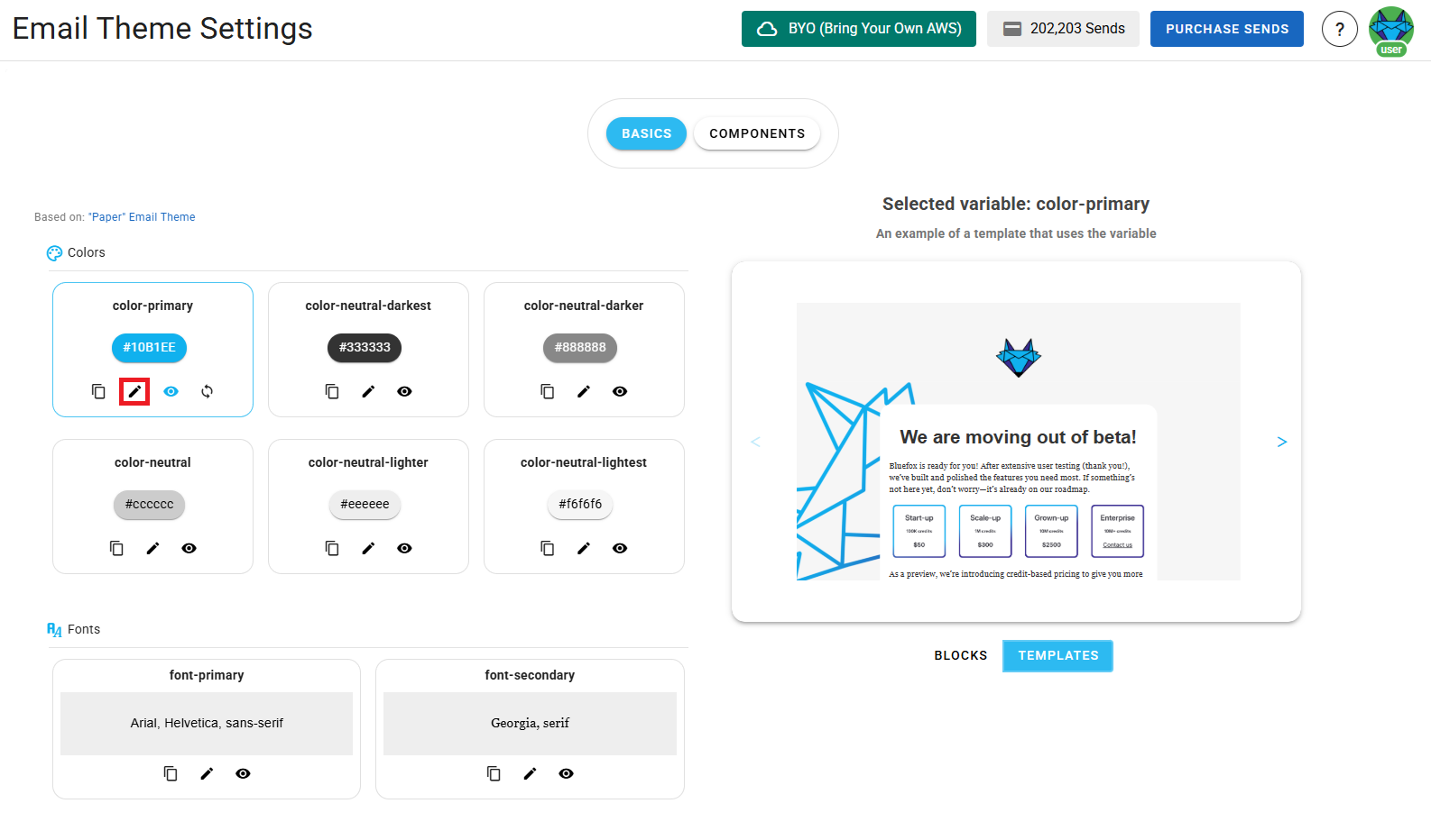 A screenshot of a project's email theme settings section - edit icon highlighted.