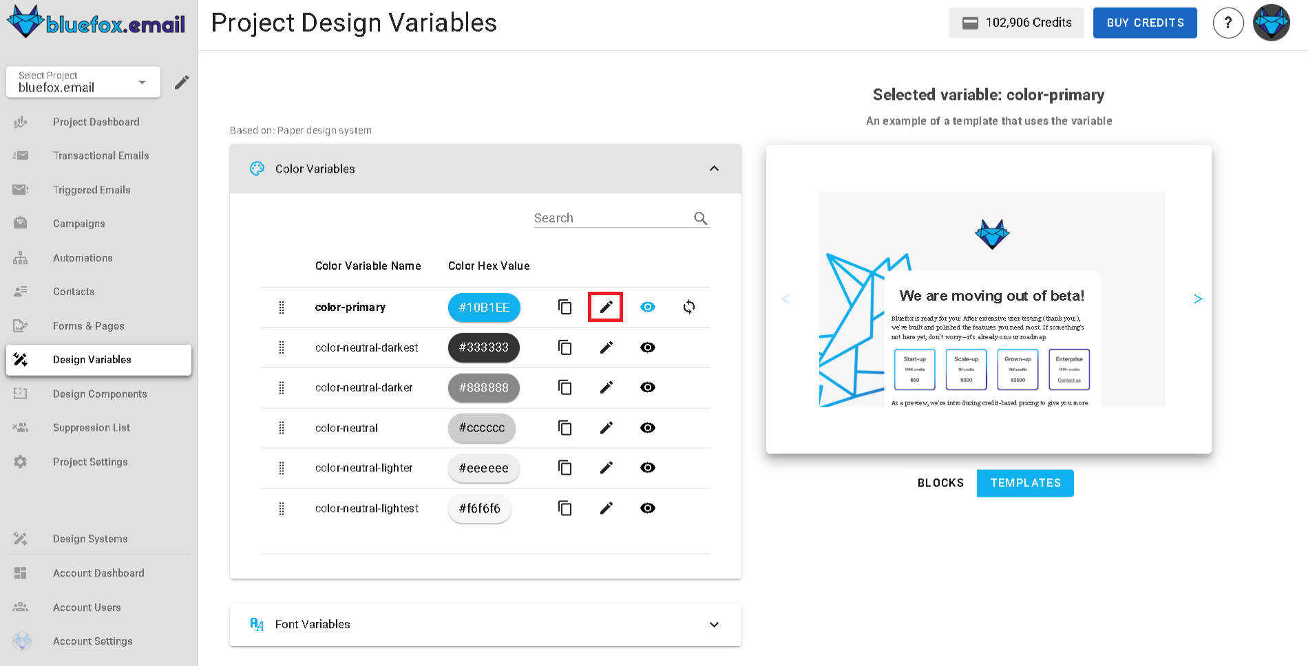 A screenshot of a project's design system settings section - edit icon highlighted.