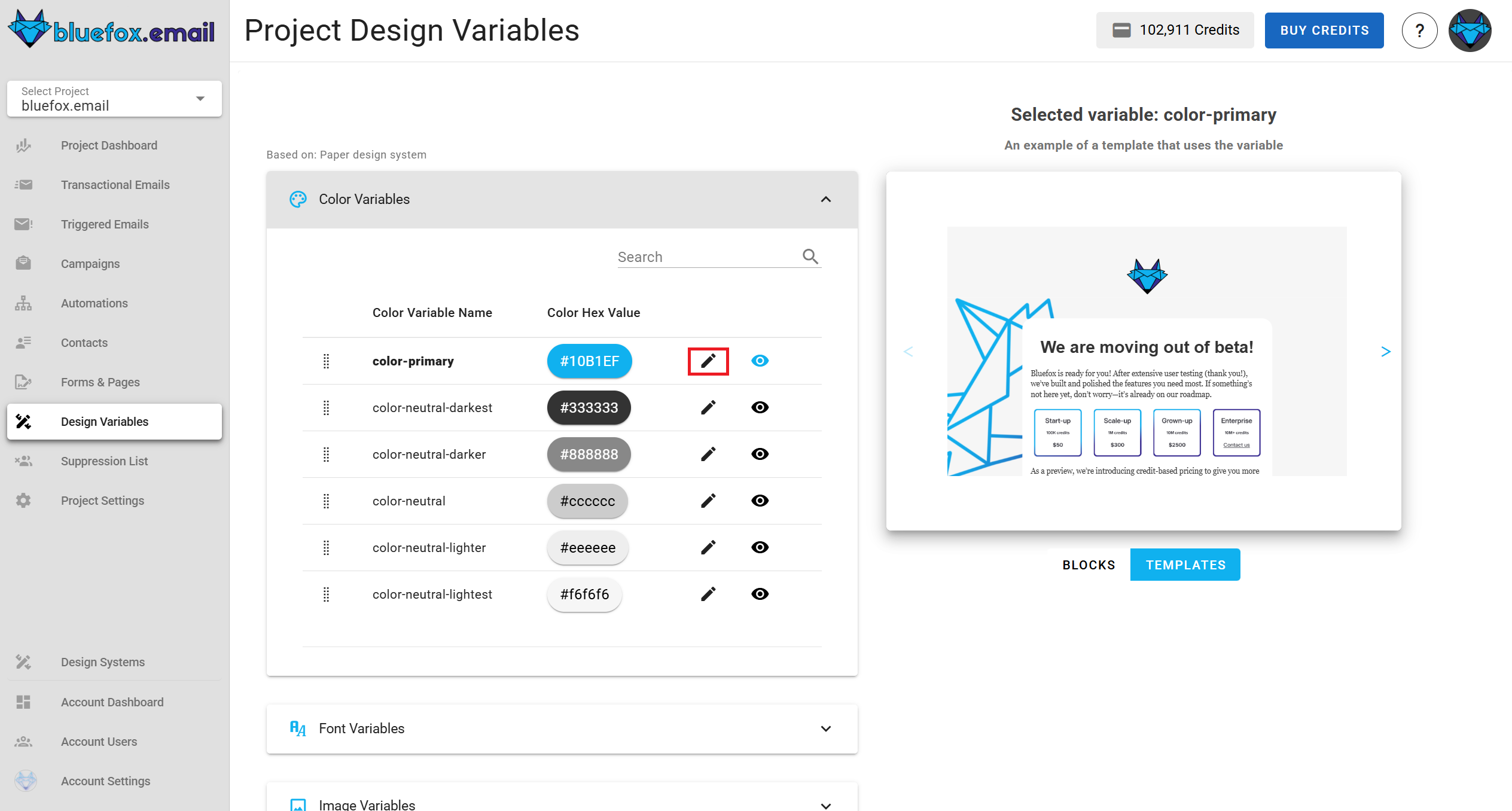 A screenshot of a project's design system settings section - edit icon highlighted.