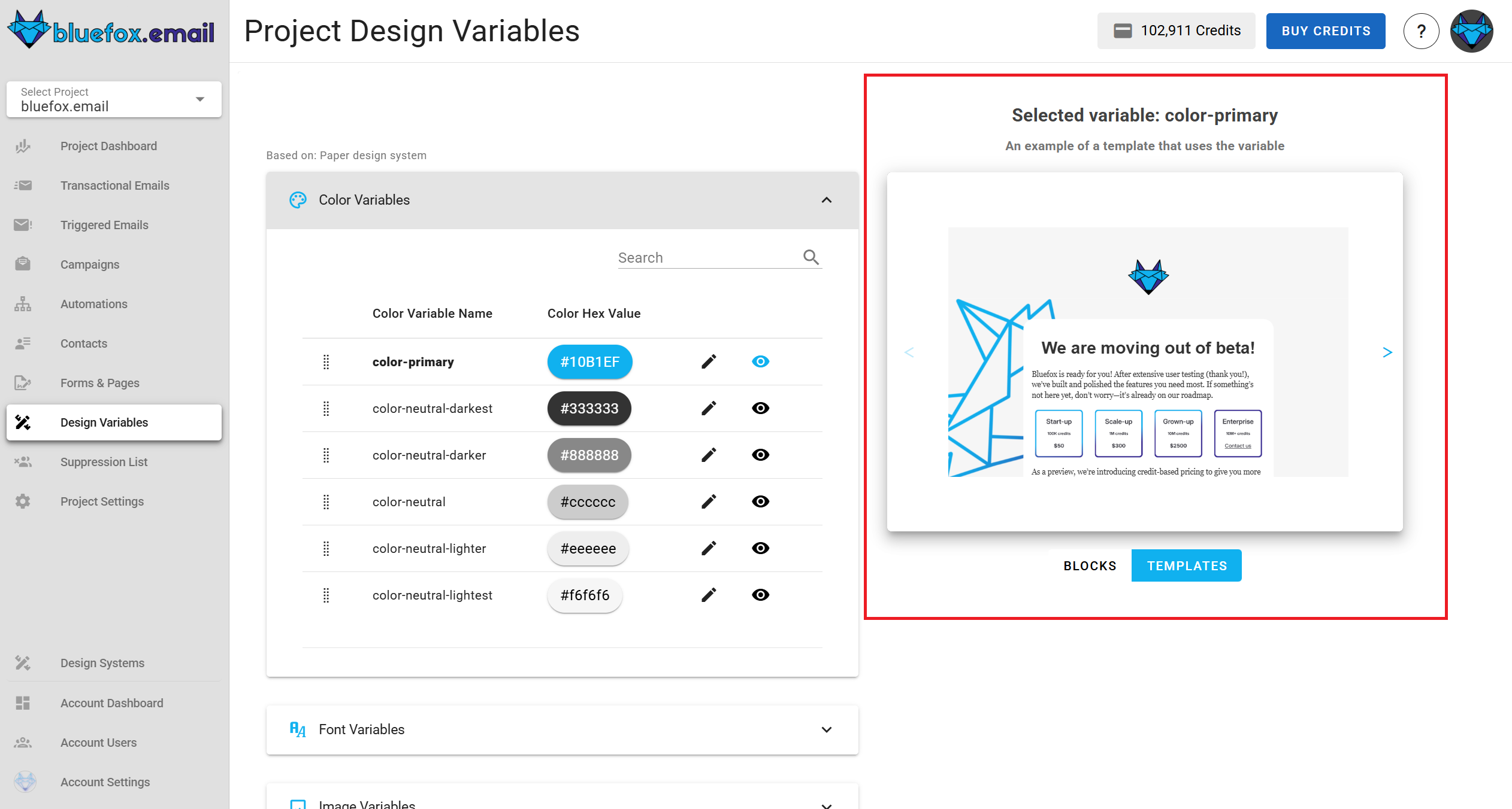 A screenshot of a project's design system settings section - preview highlighted.