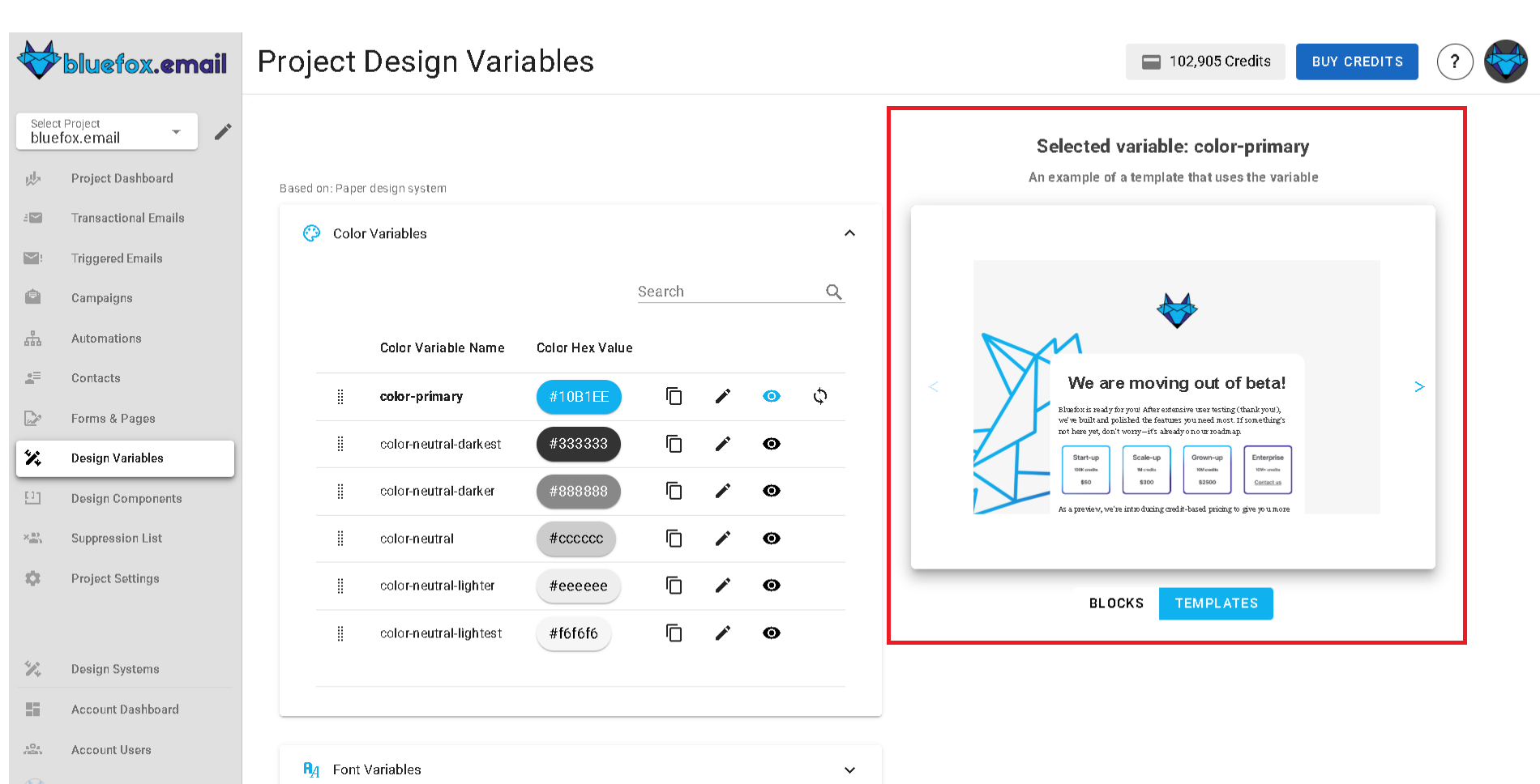 A screenshot of a project's design system settings section - preview highlighted.