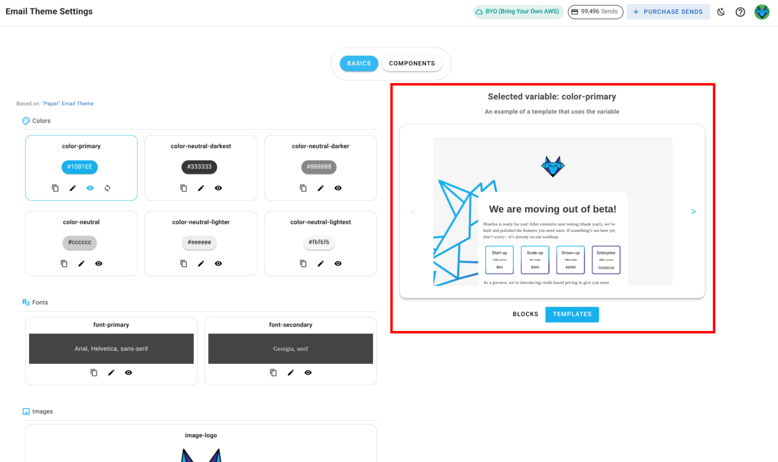 A screenshot of a project's email theme settings section - preview highlighted.
