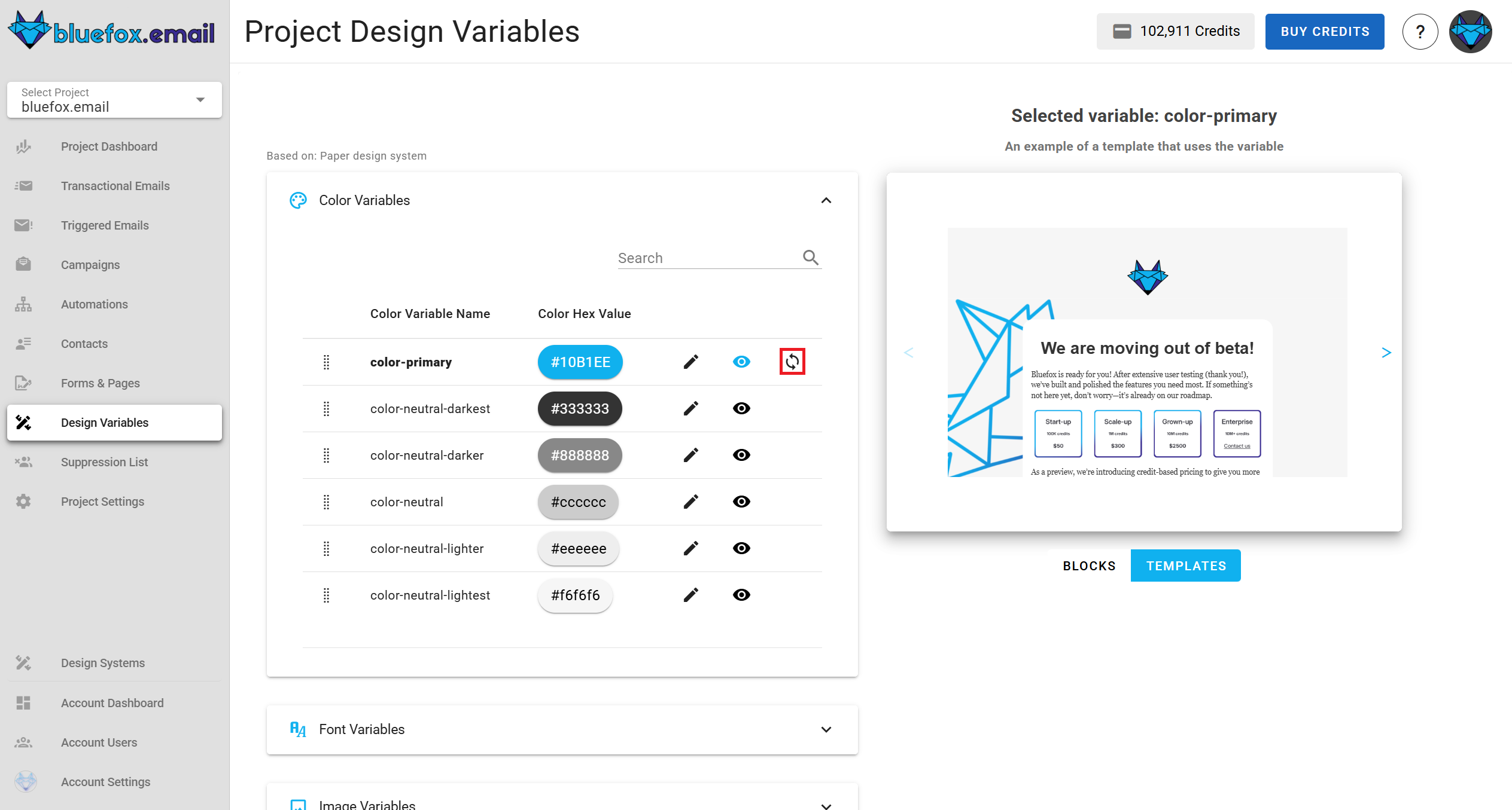 A screenshot of a project's design system settings section - reset highlighted.