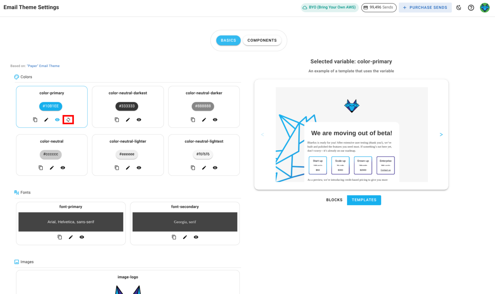 A screenshot of a project's email theme settings section - reset highlighted.