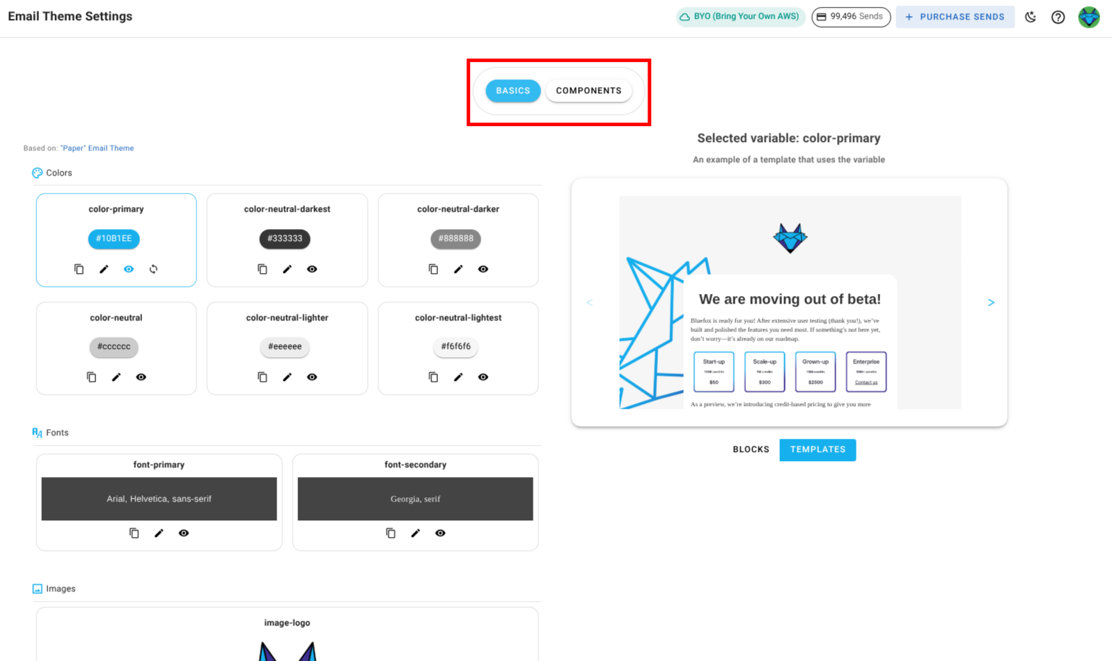 A screenshot of a project's email theme settings section - basics and components highlighted.