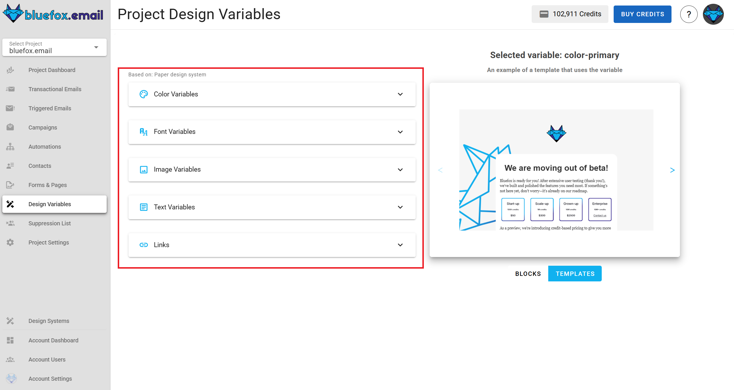 A screenshot of a project's design system settings section.