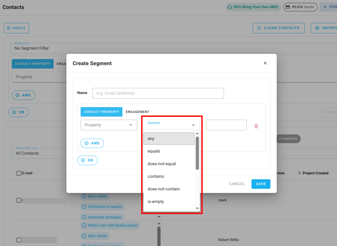Screenshot of segment condition operators