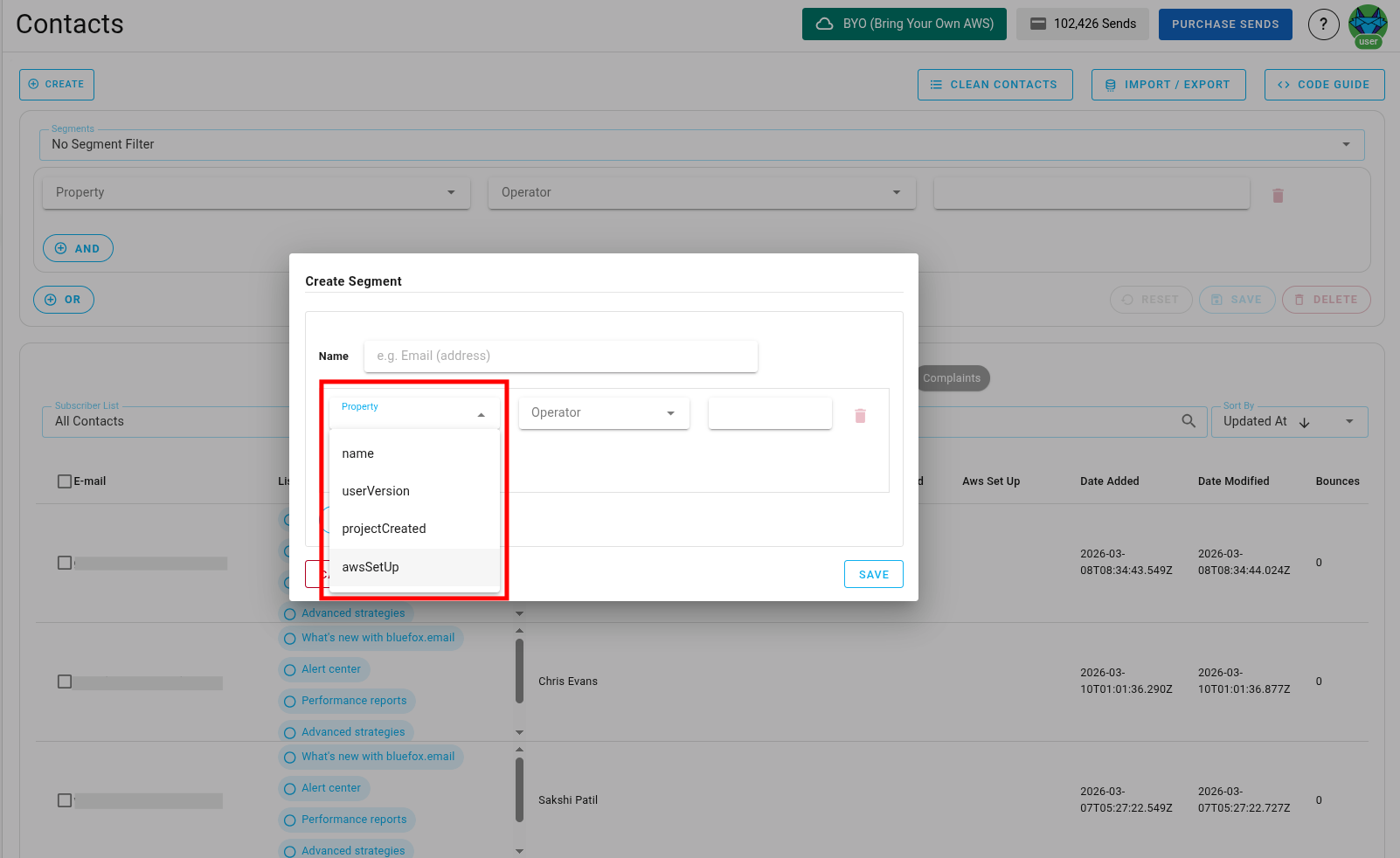 Screenshot of contact properties