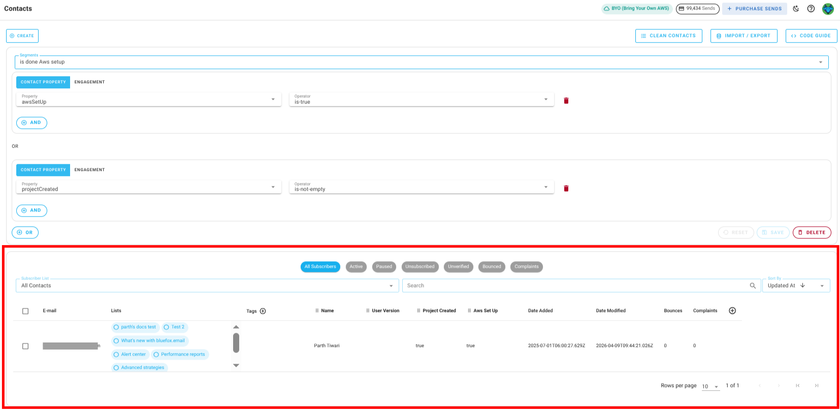 Screenshot of segment contacts view