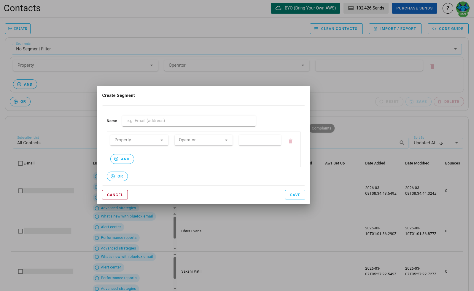 Screenshot of the segment creation form