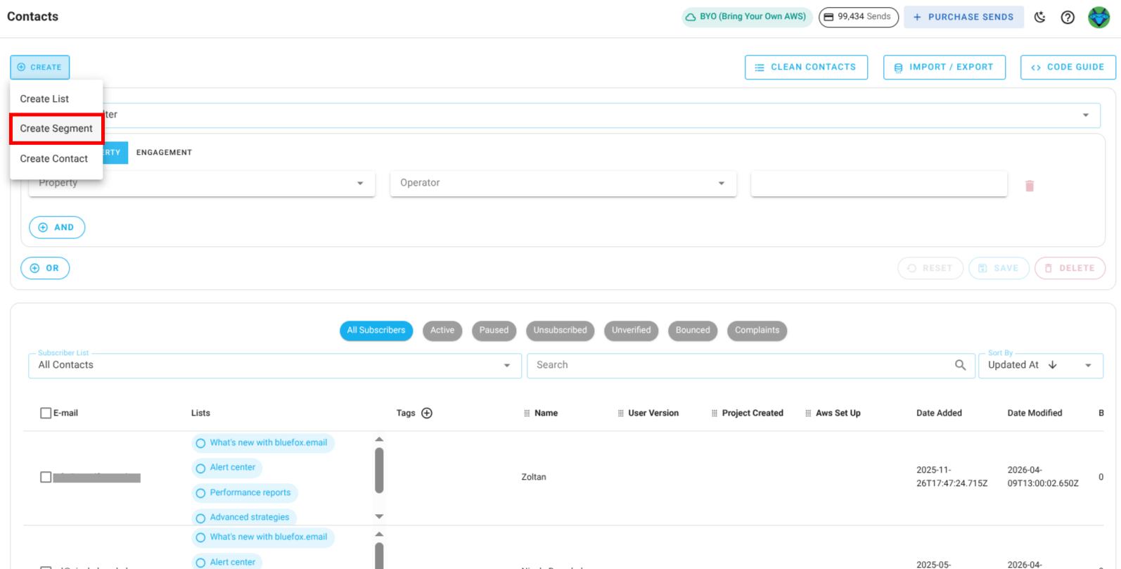 Screenshot of the segments page - create button highlighted