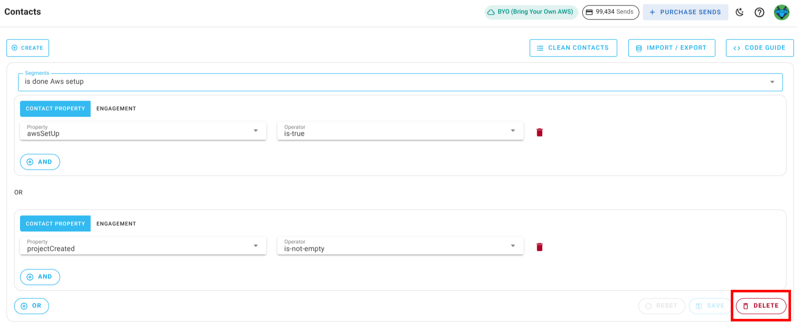 Screenshot of segment delete option