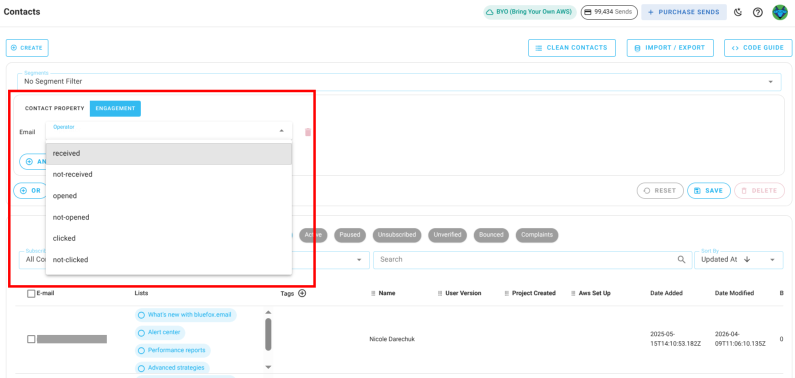 Screenshot of engagement-based segment conditions