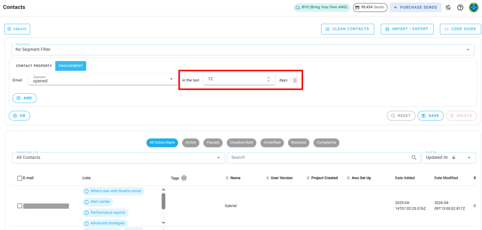 Screenshot of engagement-based segment days condition
