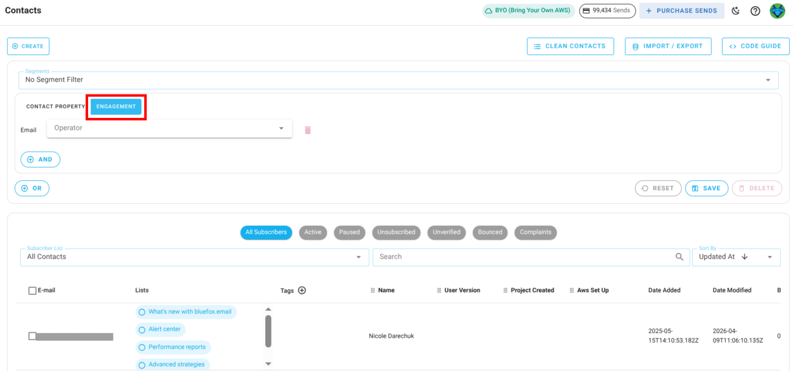 Screenshot of engagement-based segment tab