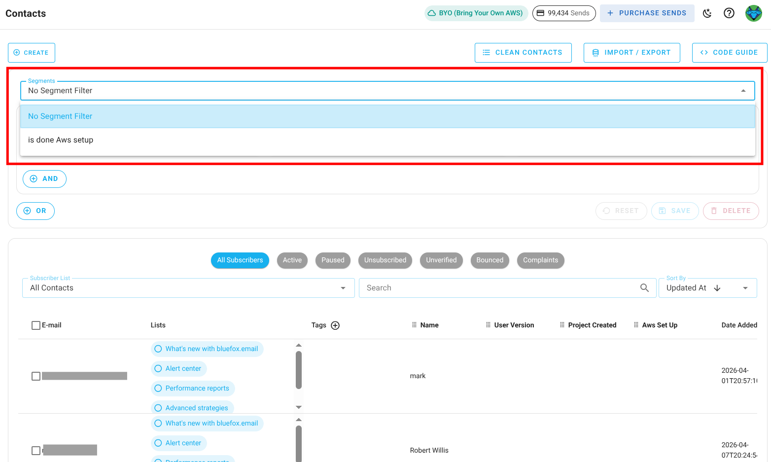 Screenshot of segment selection view