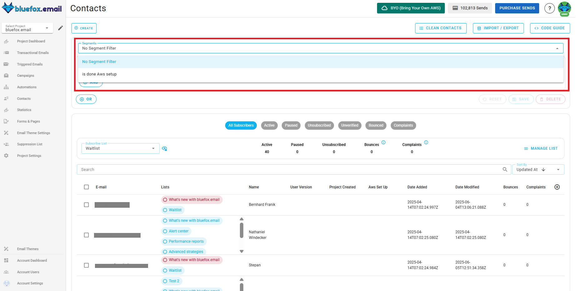Screenshot of segment selection view