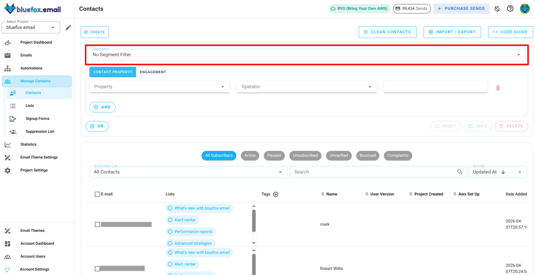 Screenshot of the segments tab